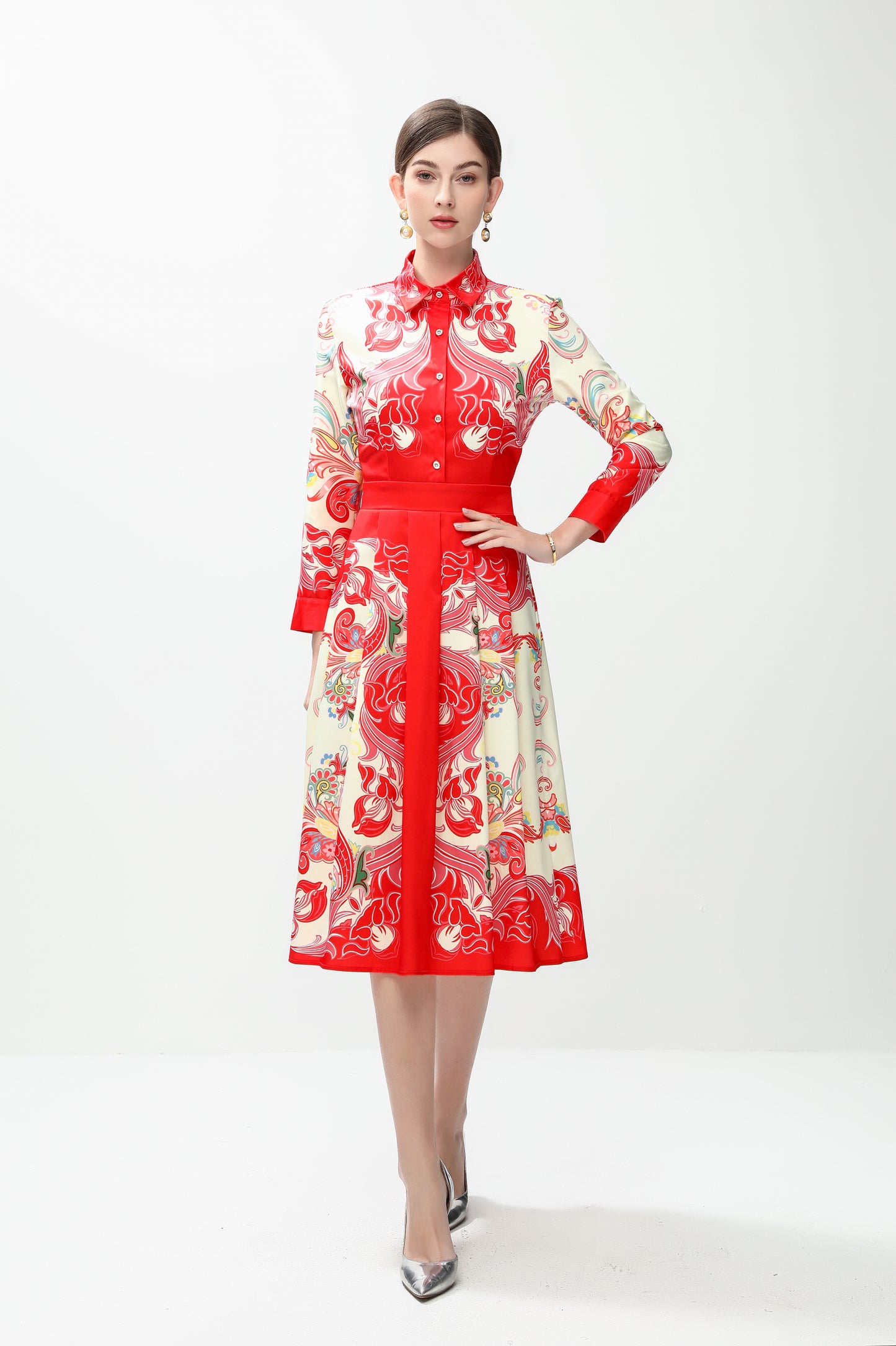 Women's 3/4 Sleeve Floral Print Midi Dress