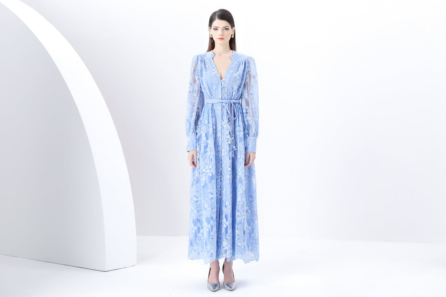 Women's V-Neck Lace Lantern Sleeve Mesh Maxi Dress