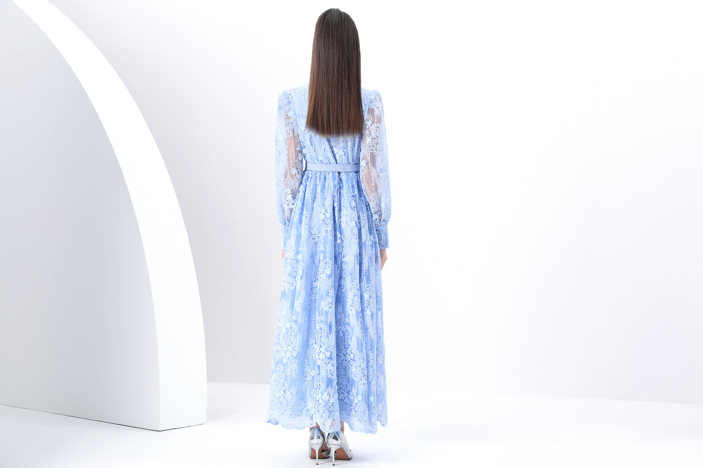 Women's V-Neck Lace Lantern Sleeve Mesh Maxi Dress