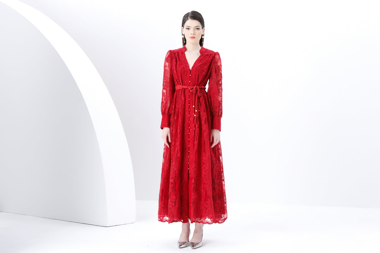 Women's V-Neck Lace Lantern Sleeve Mesh Maxi Dress
