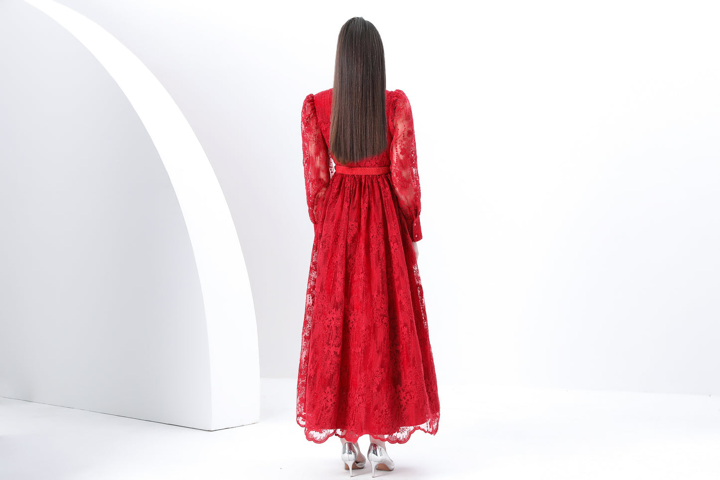 Women's V-Neck Lace Lantern Sleeve Mesh Maxi Dress