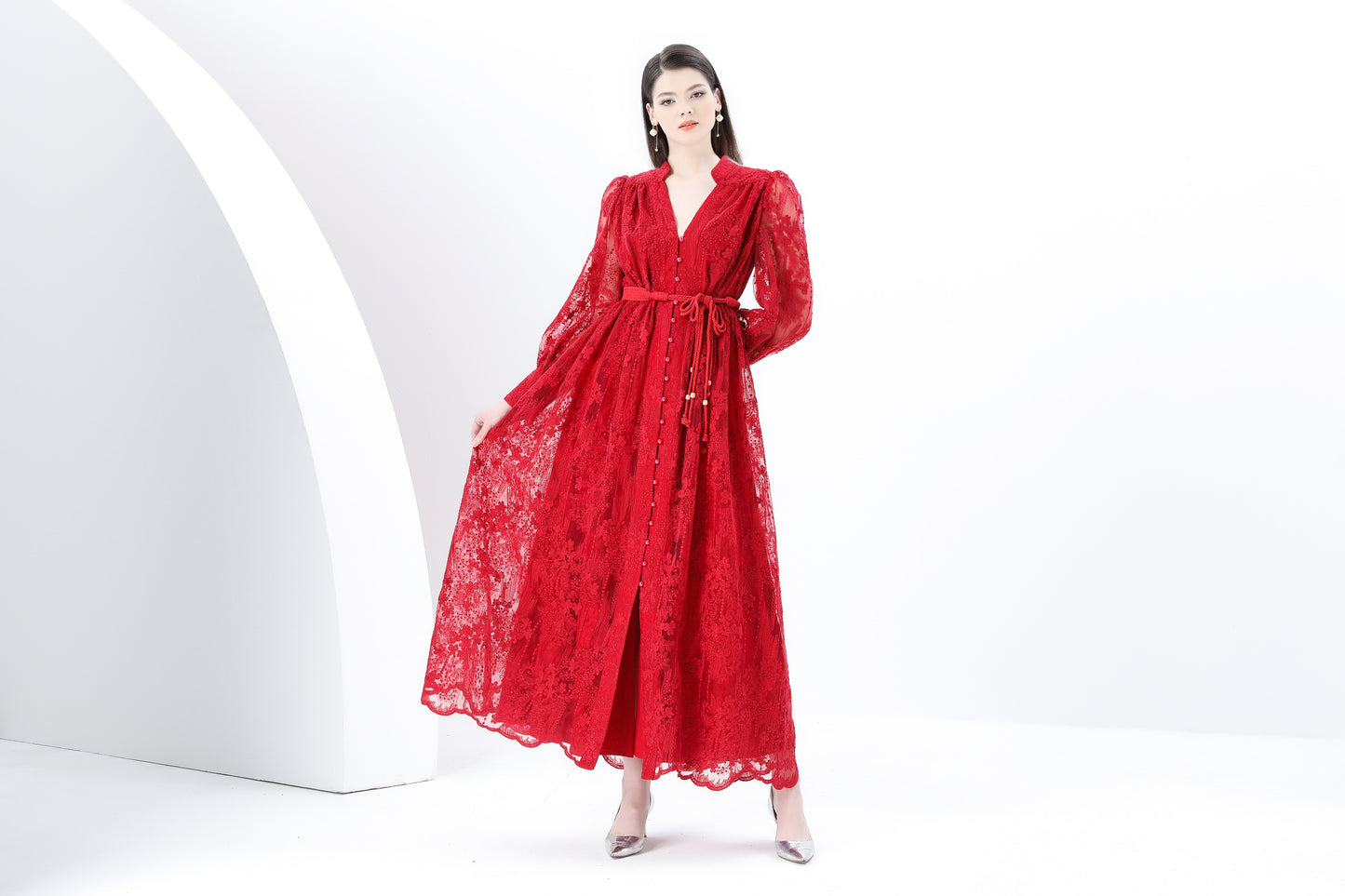 Women's V-Neck Lace Lantern Sleeve Mesh Maxi Dress