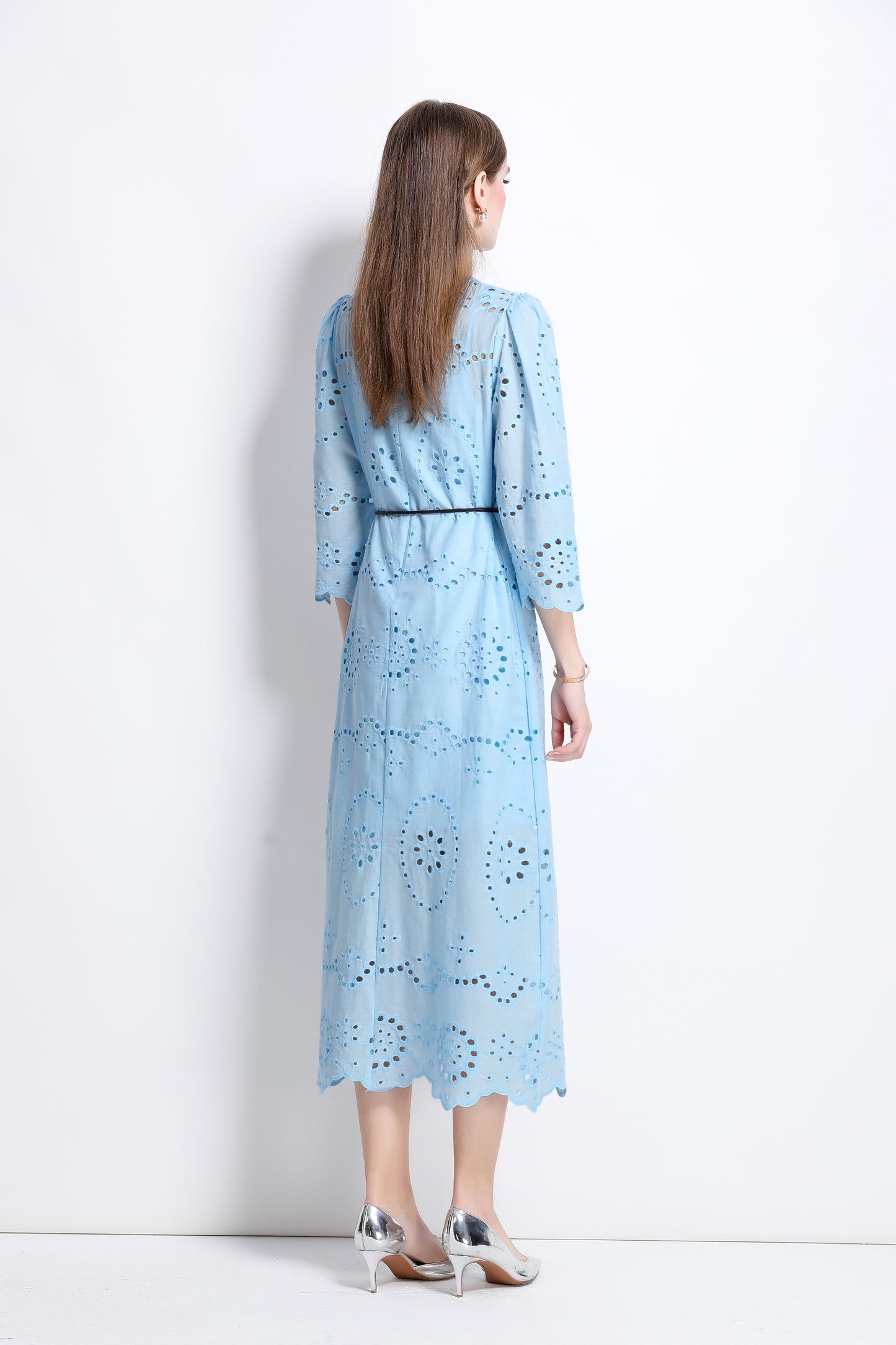 Women's Hollow 3/4 Flare Sleeve Midi Dress