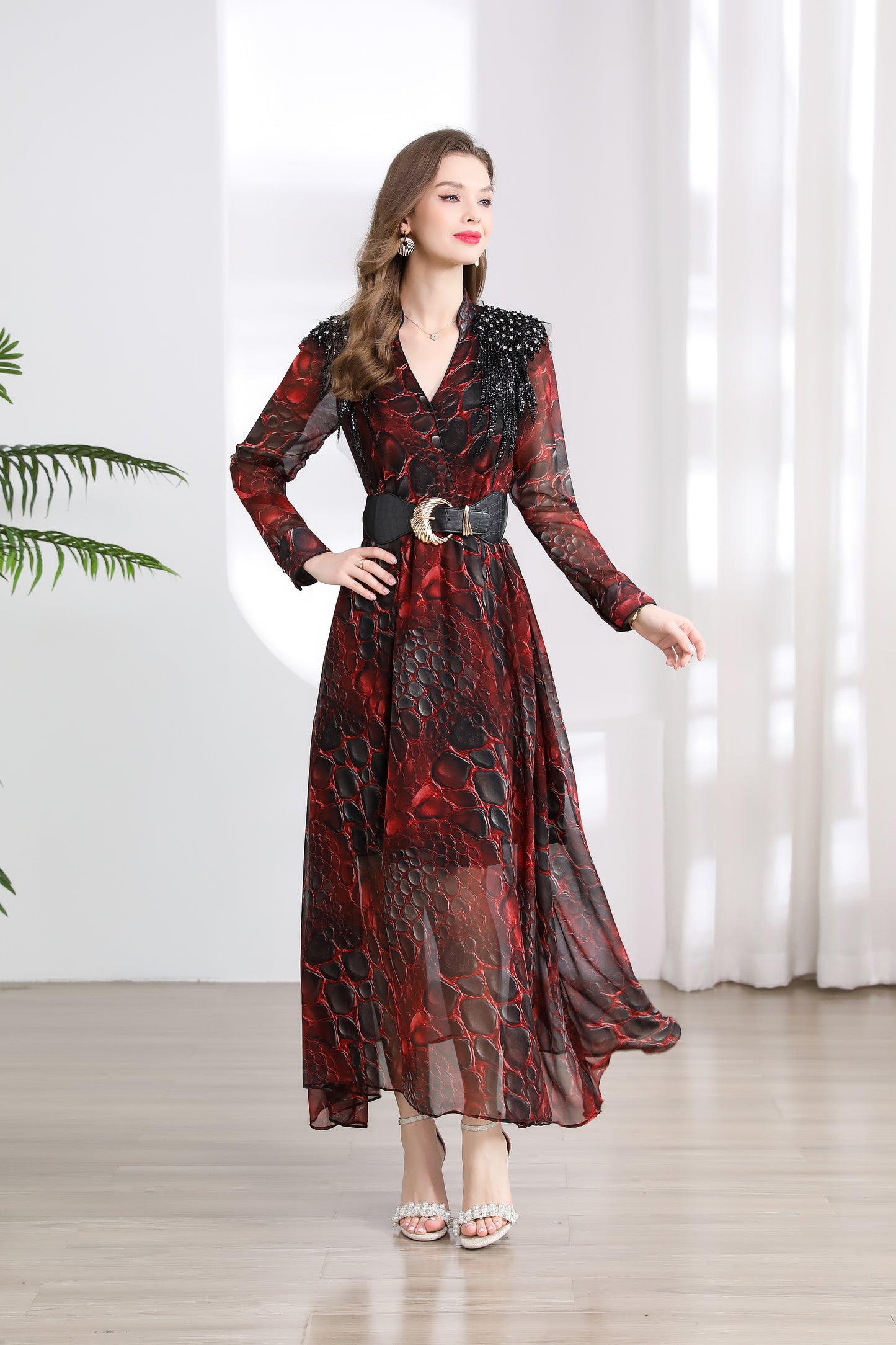 Women's V-neck Beading Irregular Hem Maxi Dress