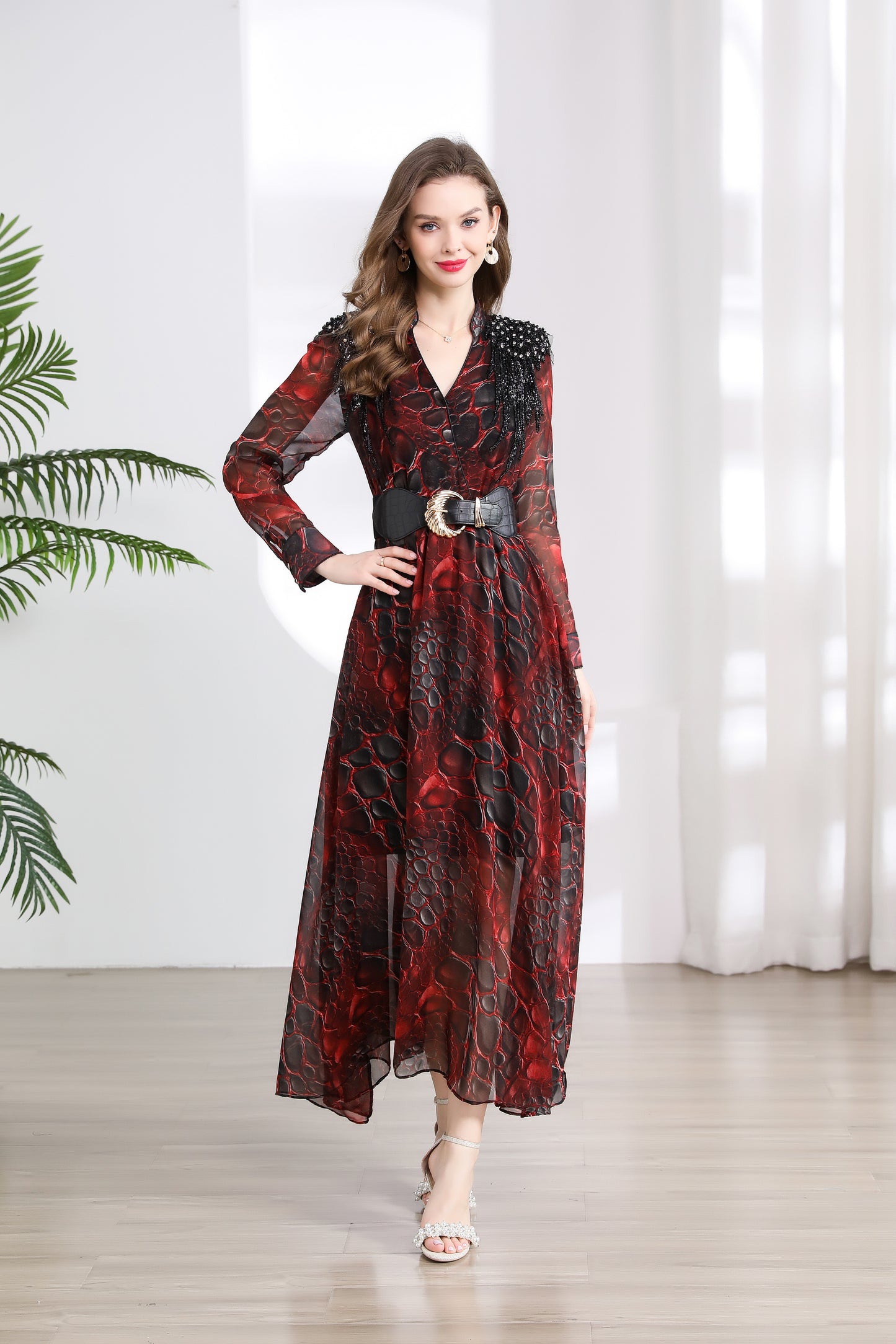 Women's V-neck Beading Irregular Hem Maxi Dress