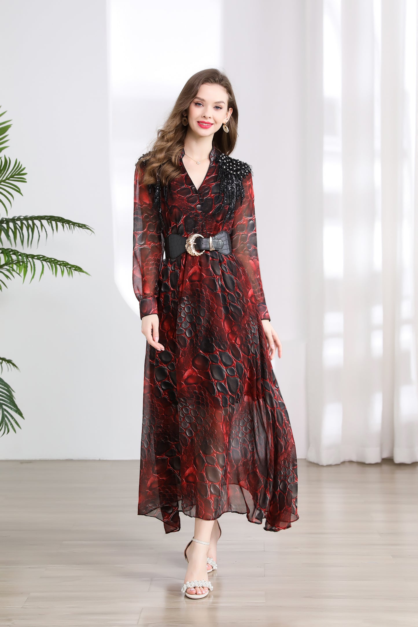 Women's V-neck Beading Irregular Hem Maxi Dress