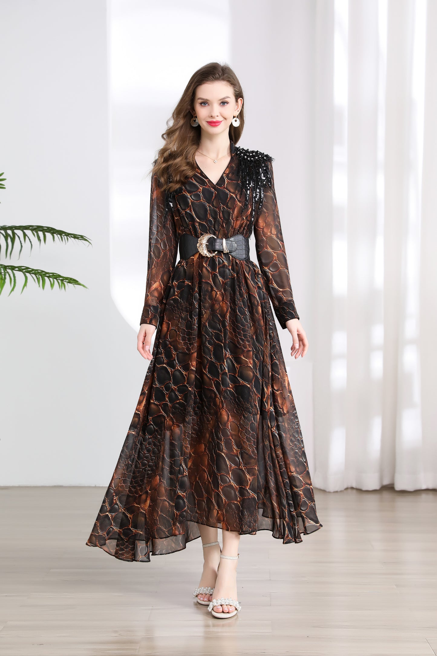 Women's V-neck Beading Irregular Hem Maxi Dress