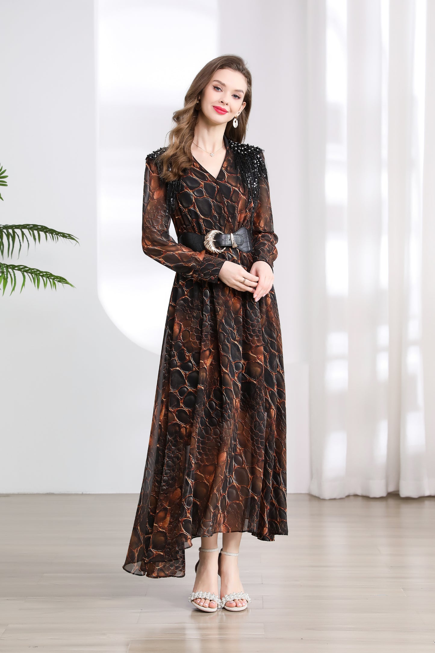 Women's V-neck Beading Irregular Hem Maxi Dress