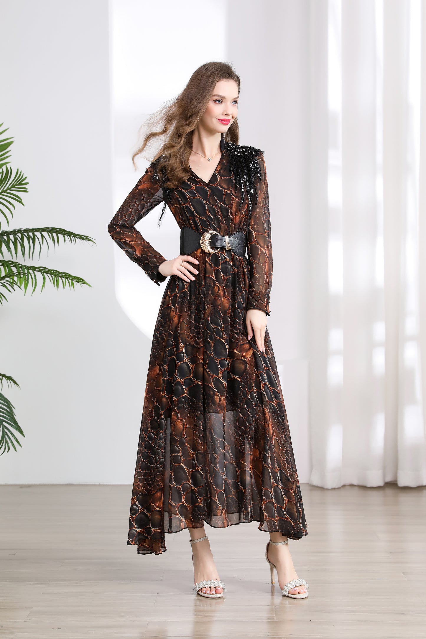 Women's V-neck Beading Irregular Hem Maxi Dress