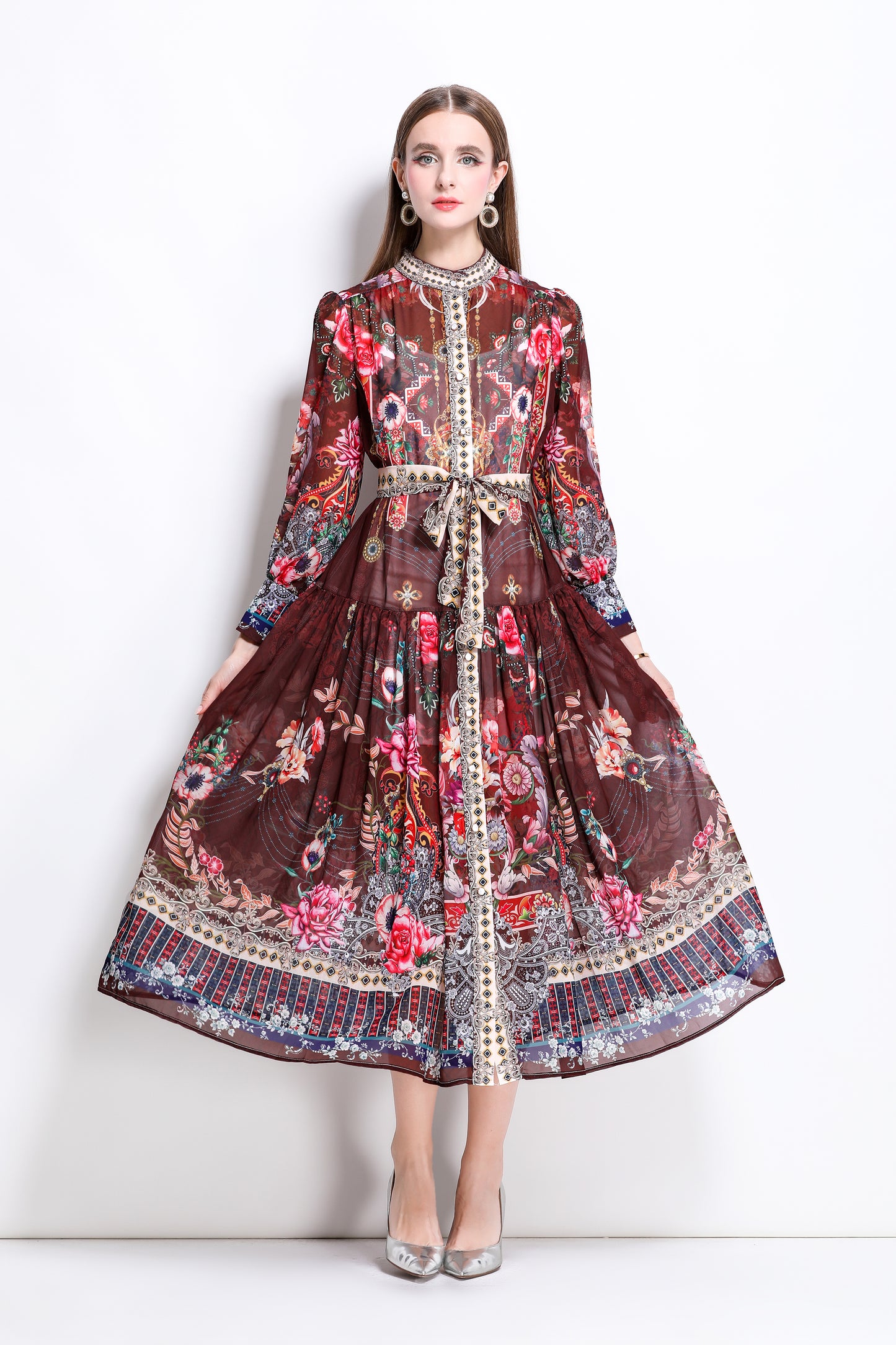 Women Floral Print Puff Sleeve Split Sheer Maxi Dress