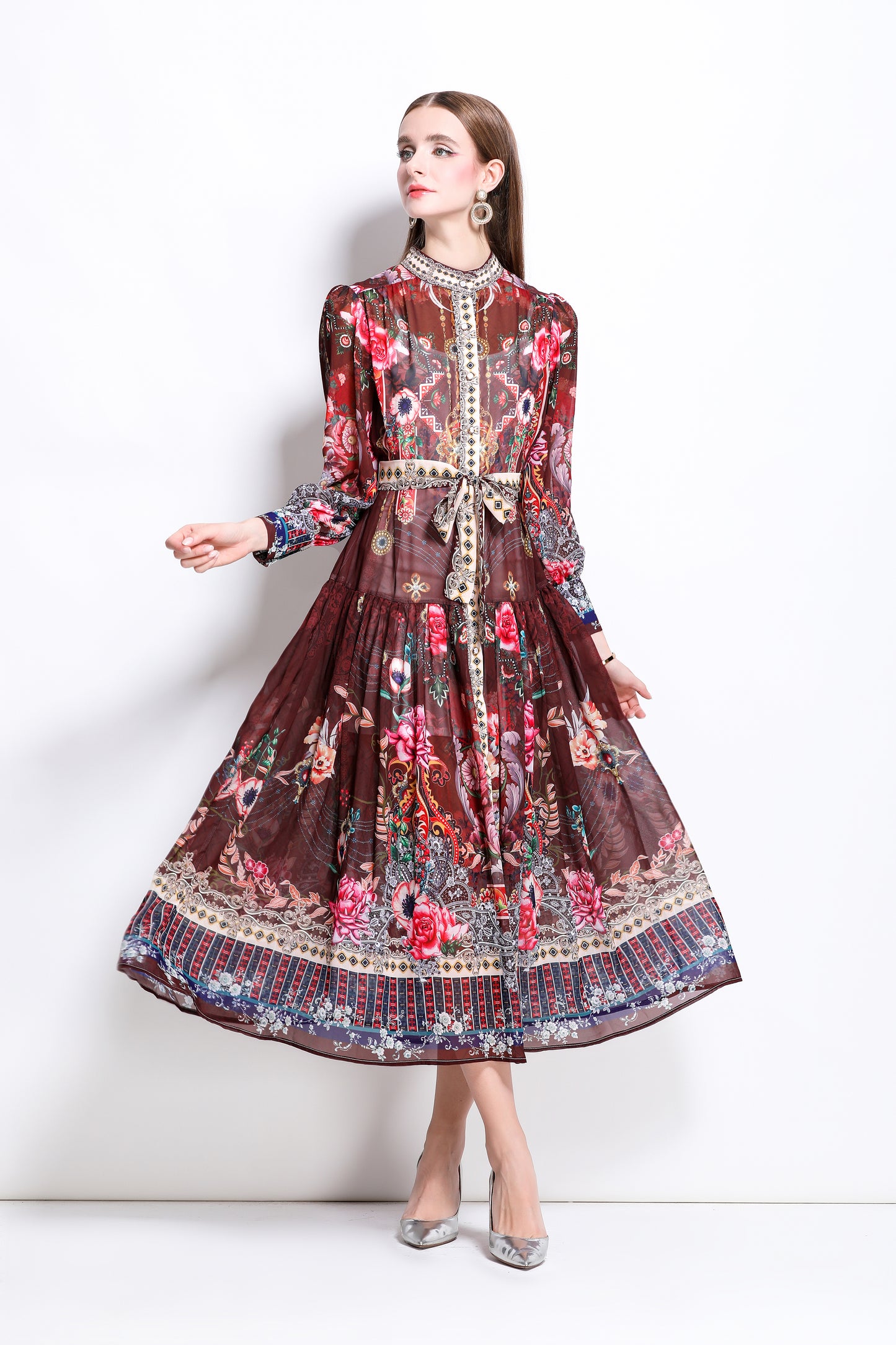 Women Floral Print Puff Sleeve Split Sheer Maxi Dress