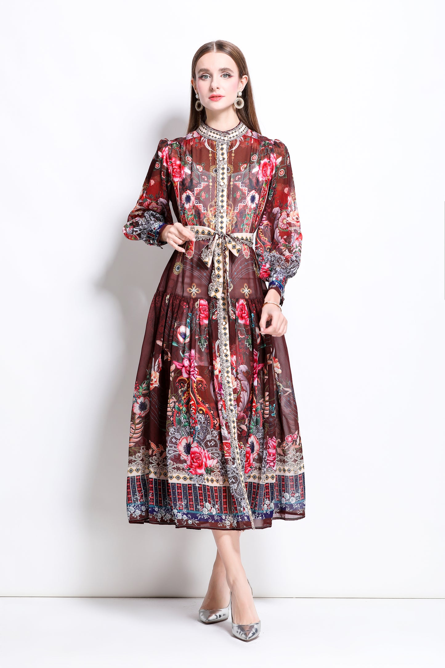 Women Floral Print Puff Sleeve Split Sheer Maxi Dress