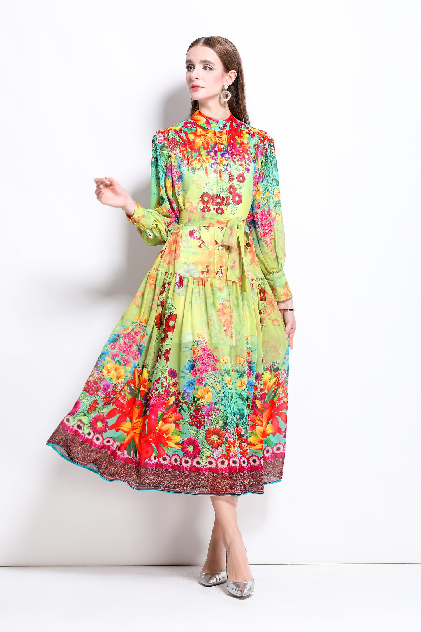 Women Floral Print Puff Sleeve Split Sheer Maxi Dress