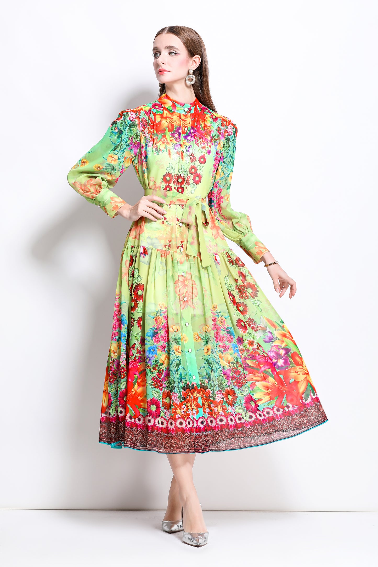Women Floral Print Puff Sleeve Split Sheer Maxi Dress