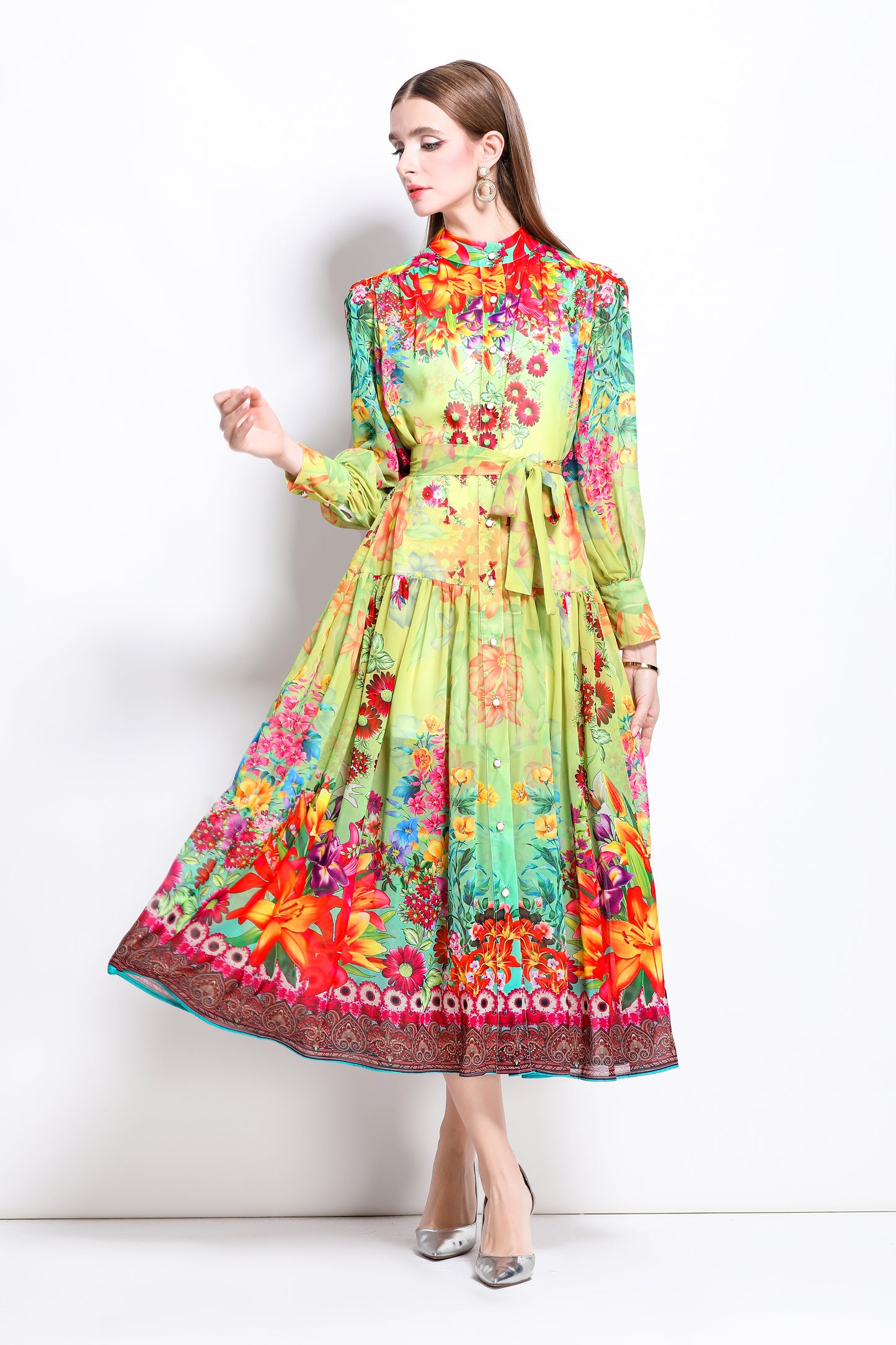 Women Floral Print Puff Sleeve Split Sheer Maxi Dress