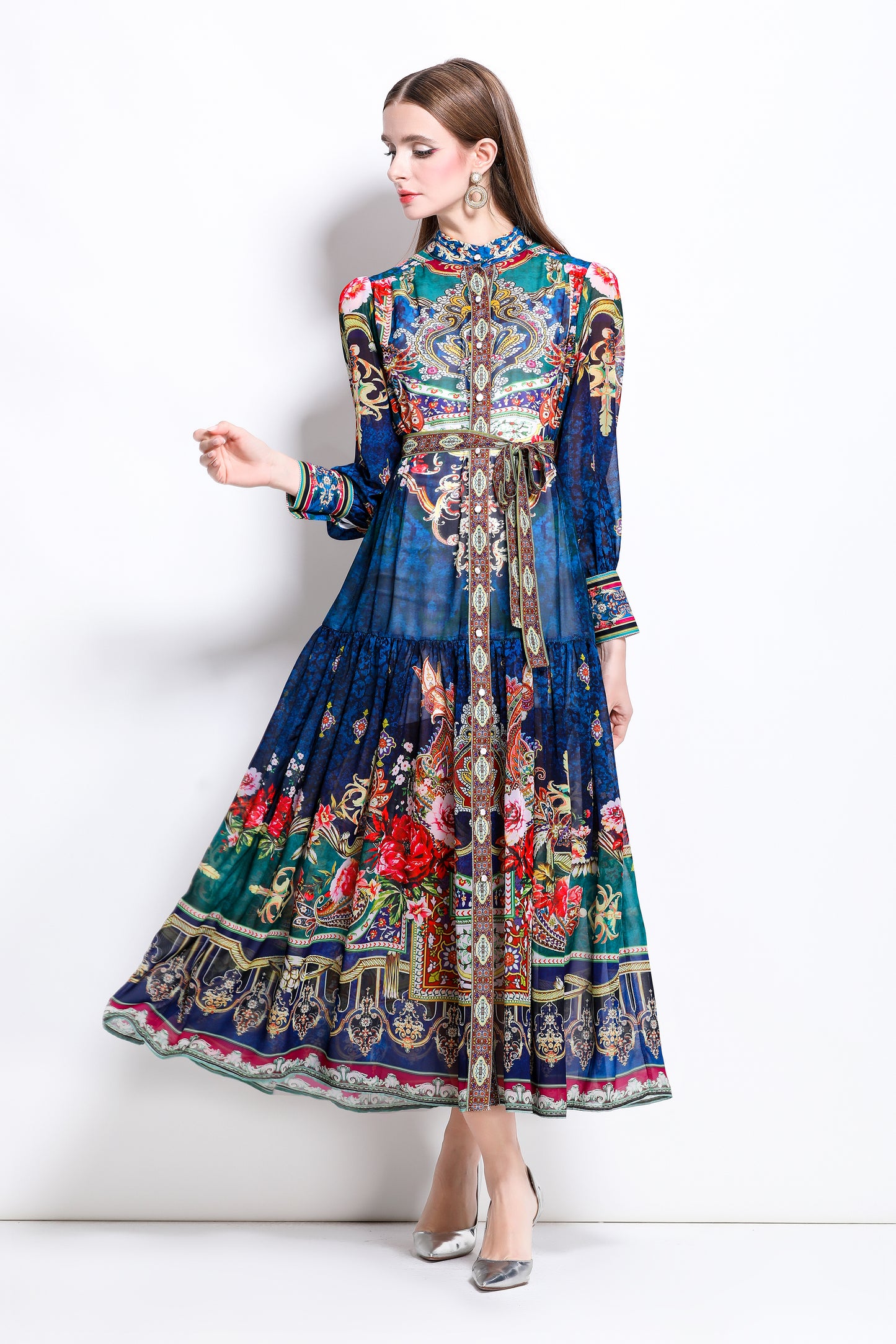 Women Floral Print Puff Sleeve Split Sheer Maxi Dress