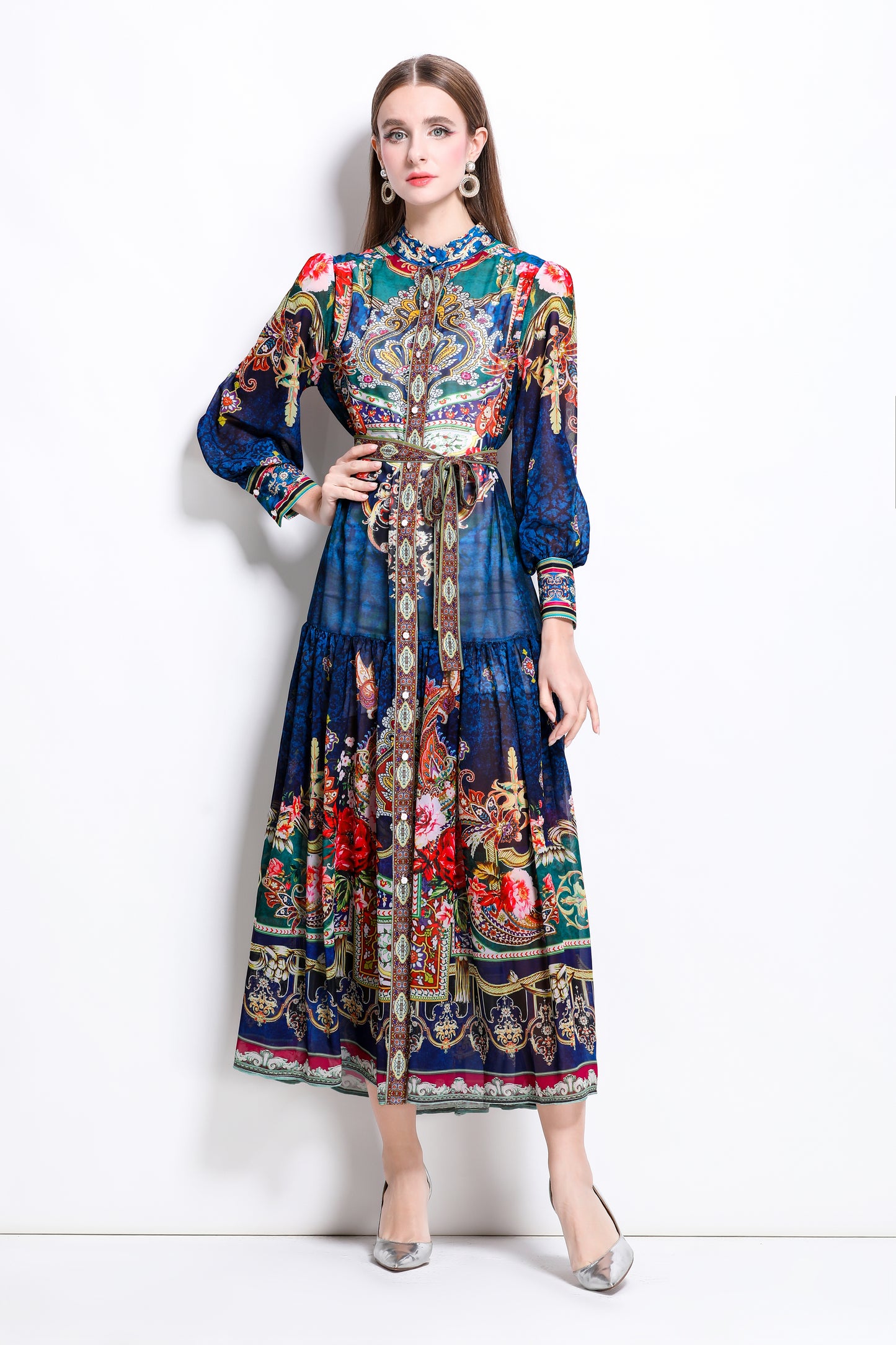 Women Floral Print Puff Sleeve Split Sheer Maxi Dress