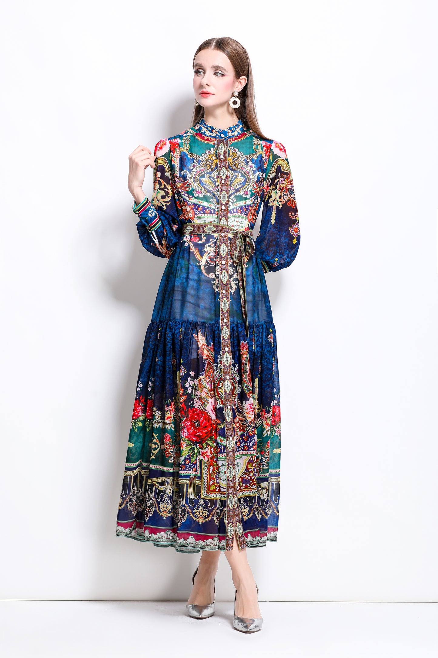 Women Floral Print Puff Sleeve Split Sheer Maxi Dress
