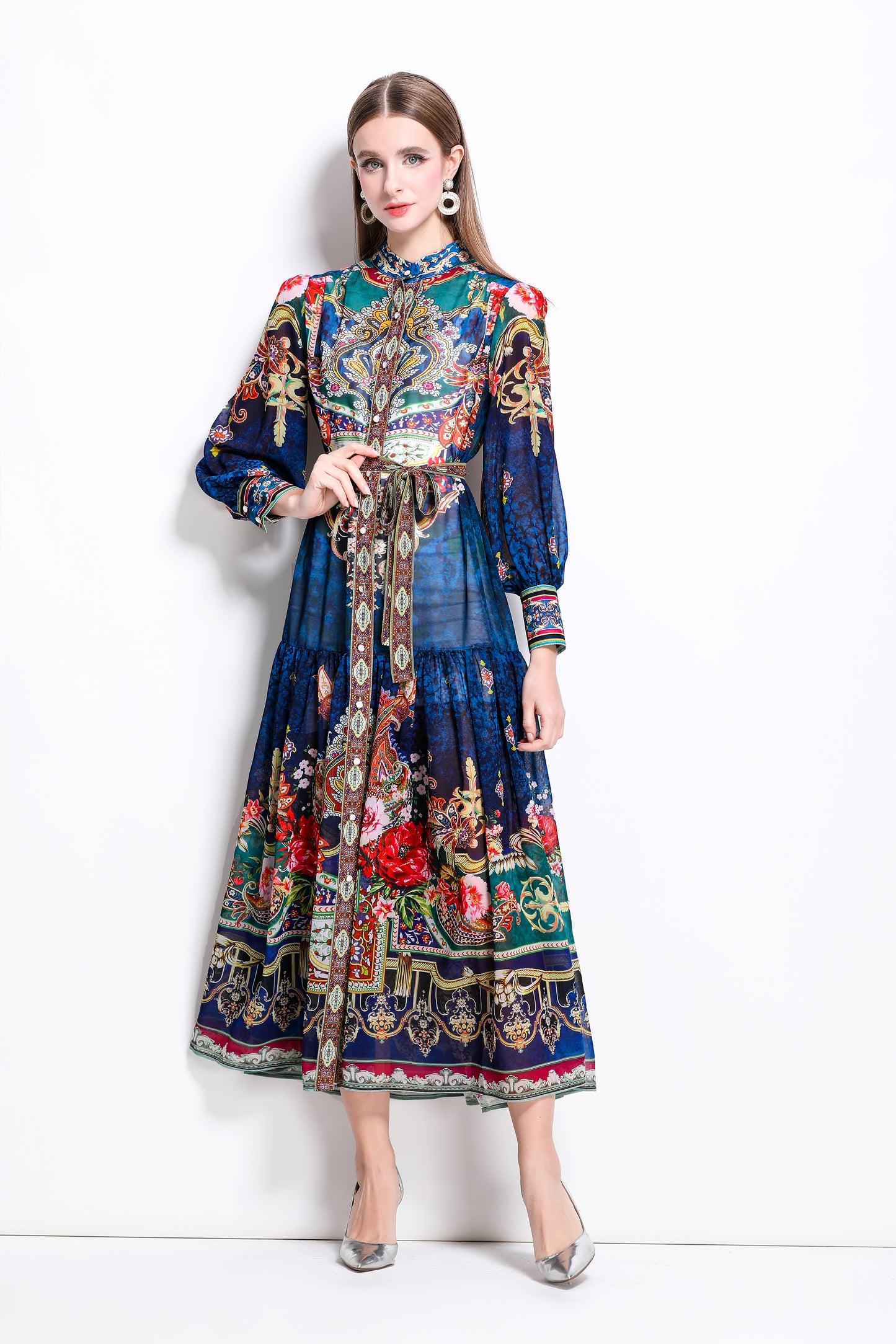 Women Floral Print Puff Sleeve Split Sheer Maxi Dress