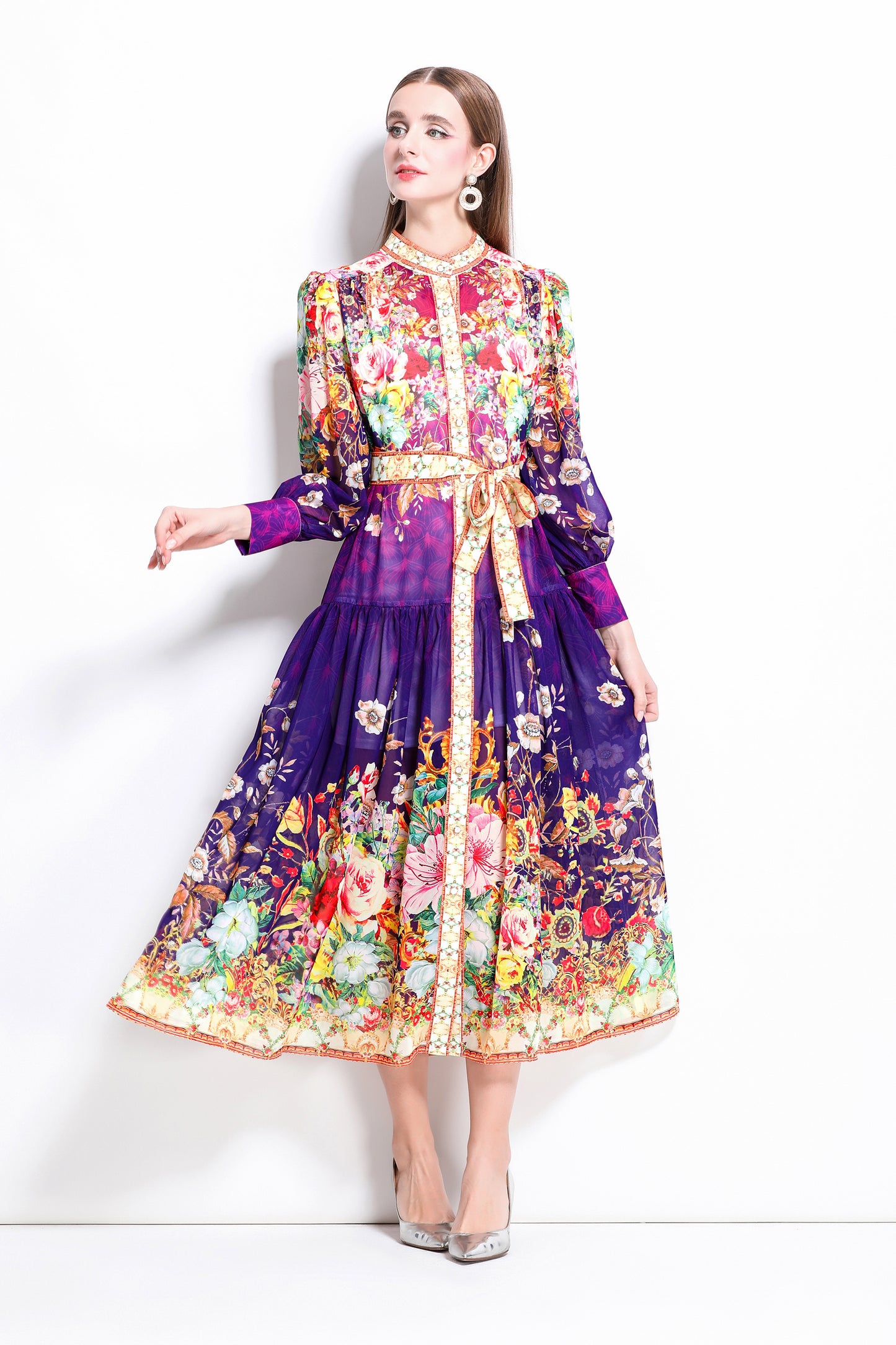 Women Floral Print Puff Sleeve Split Sheer Maxi Dress