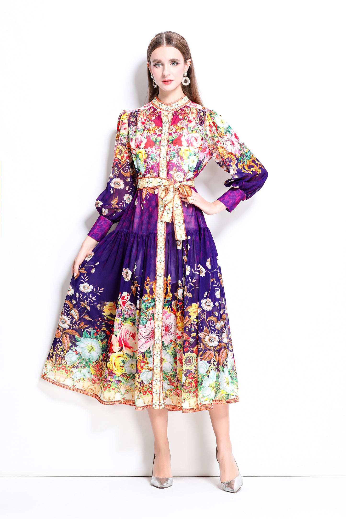 Women Floral Print Puff Sleeve Split Sheer Maxi Dress