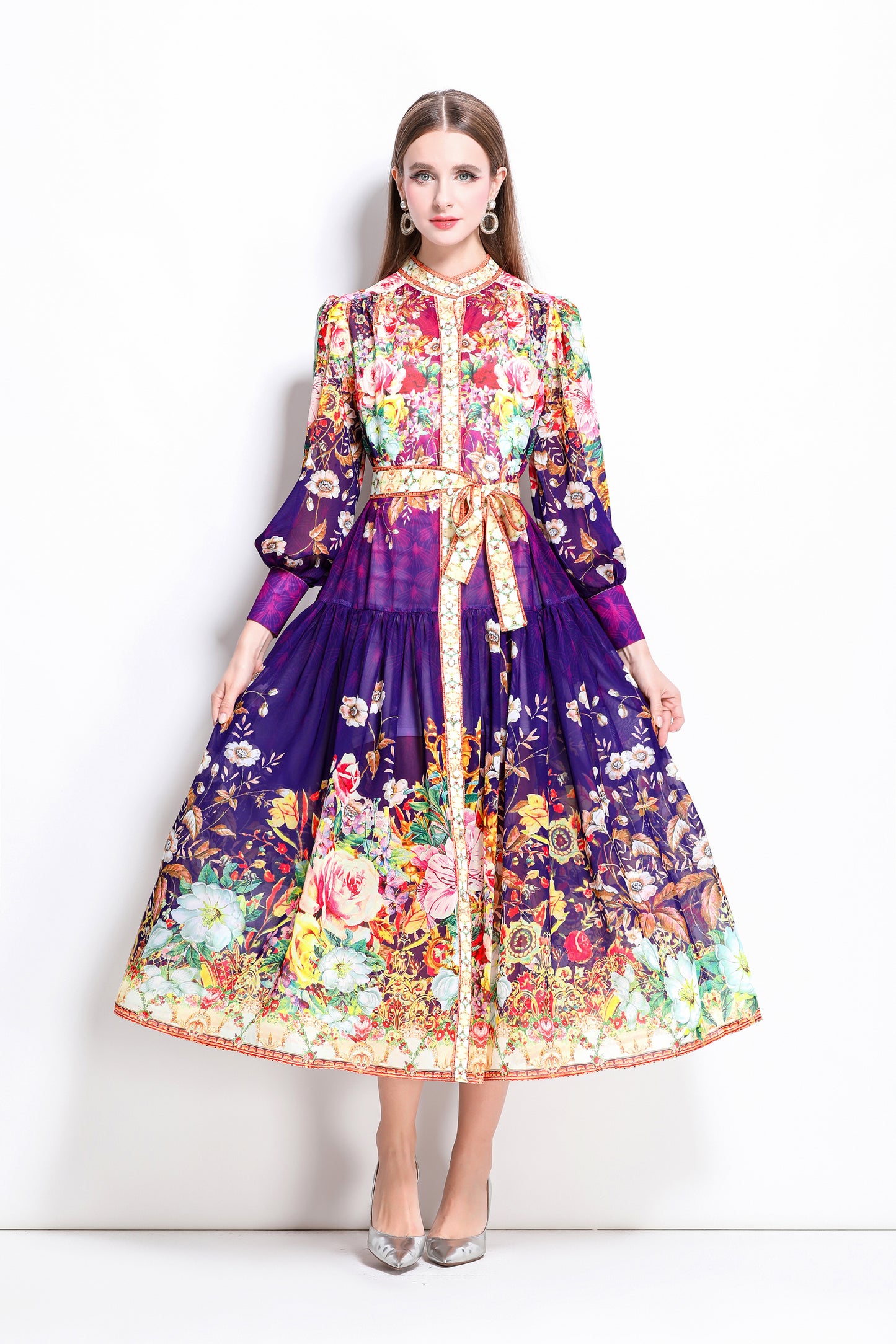 Women Floral Print Puff Sleeve Split Sheer Maxi Dress
