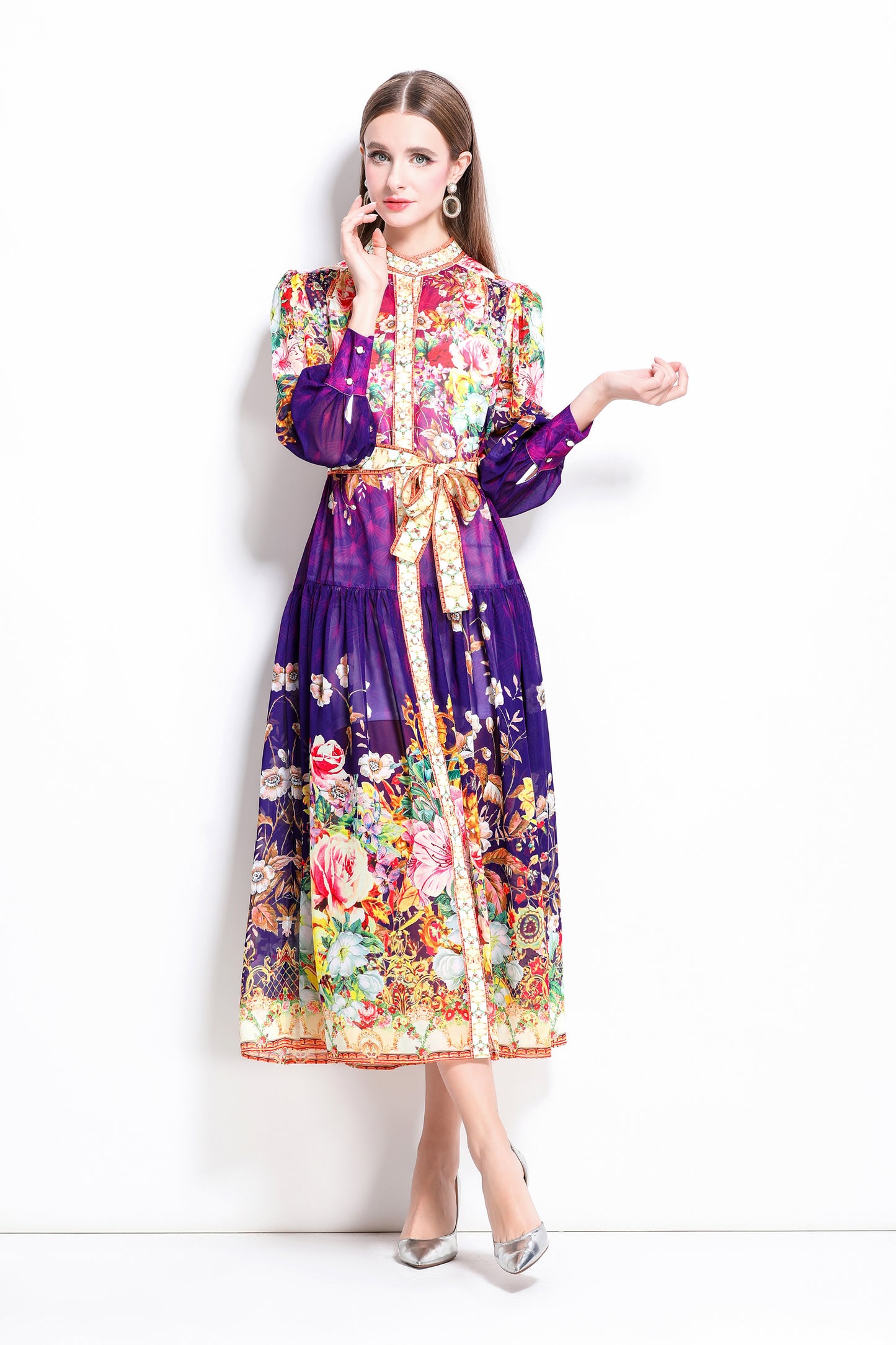 Women Floral Print Puff Sleeve Split Sheer Maxi Dress
