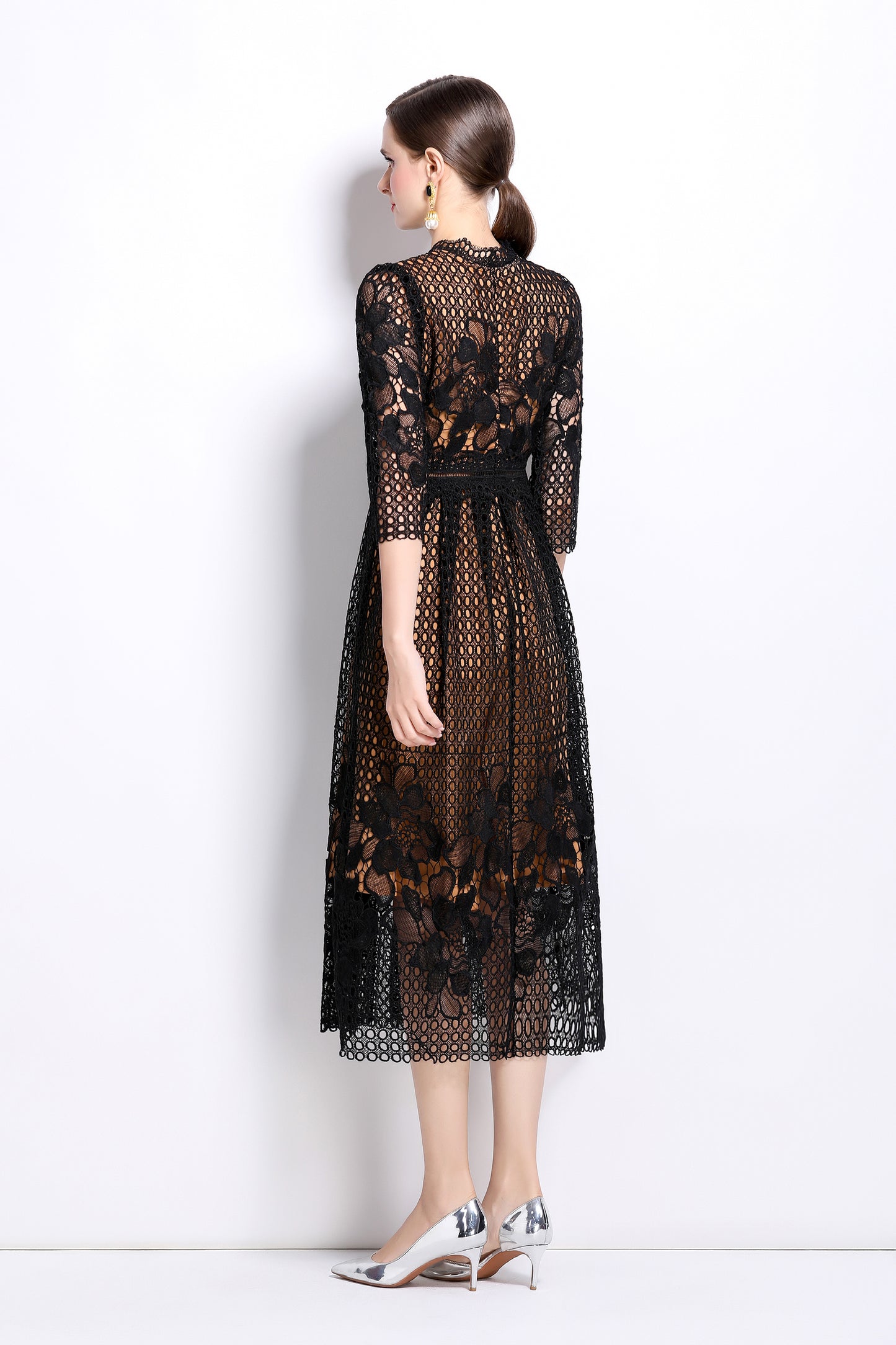 BK-Womens Floral Lace Hollow Crochet Waist Cocktail Dress - LAI MENG FIVE CATS