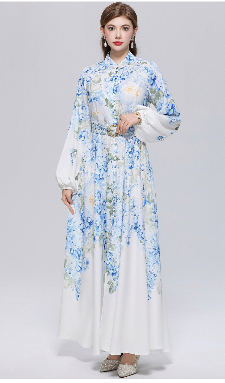 Women's Lantern Sleeve Floral Print Button Maxi Dress With Belts