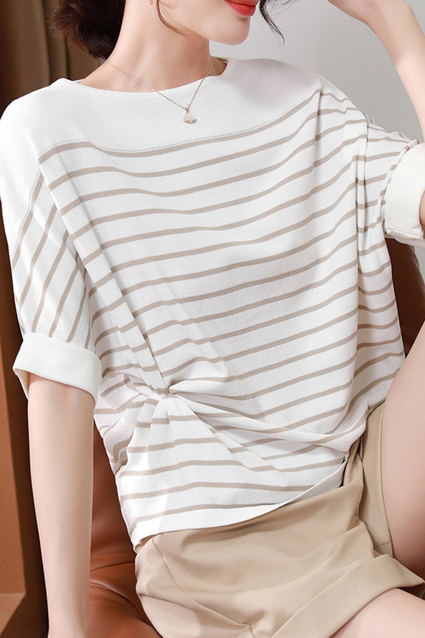 Women's Batwing Sleeves Knitted Striped Pullovers Tops