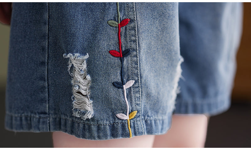 Women's Baggy Pull On Jeans Ripped Denim Shorts - LAI MENG FIVE CATS