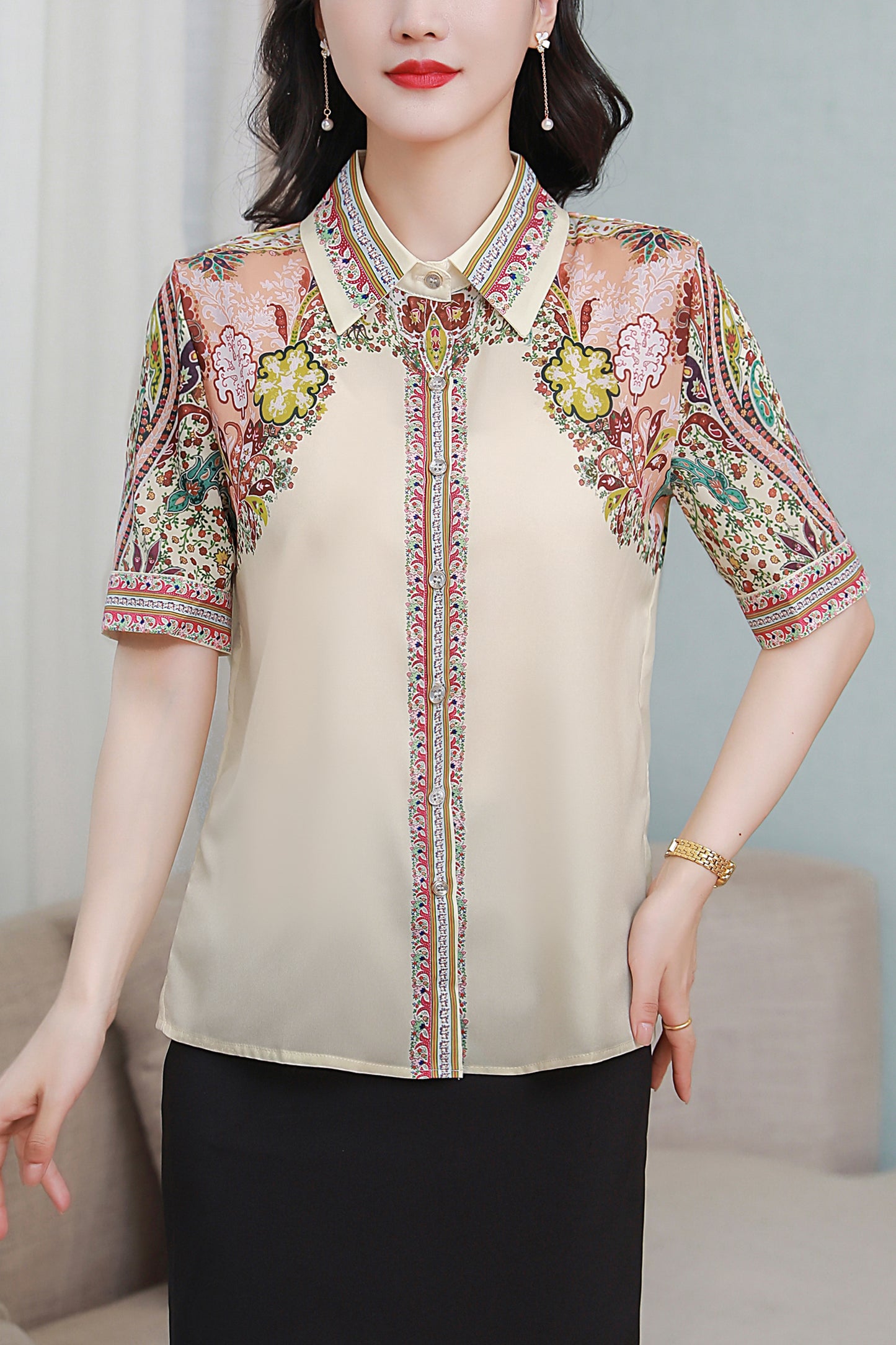 Women's Collared Floral Print Blouse Short Sleeve Tops - LAI MENG FIVE CATS