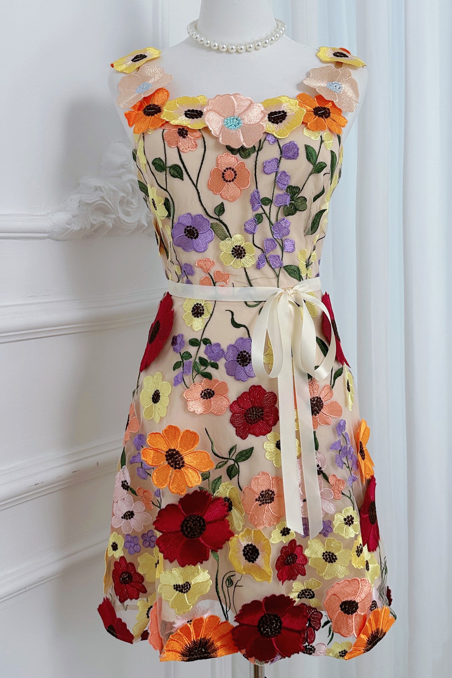 Women's Adjustable Spaghetti Straps 3D Floral Tulle Mini Dress