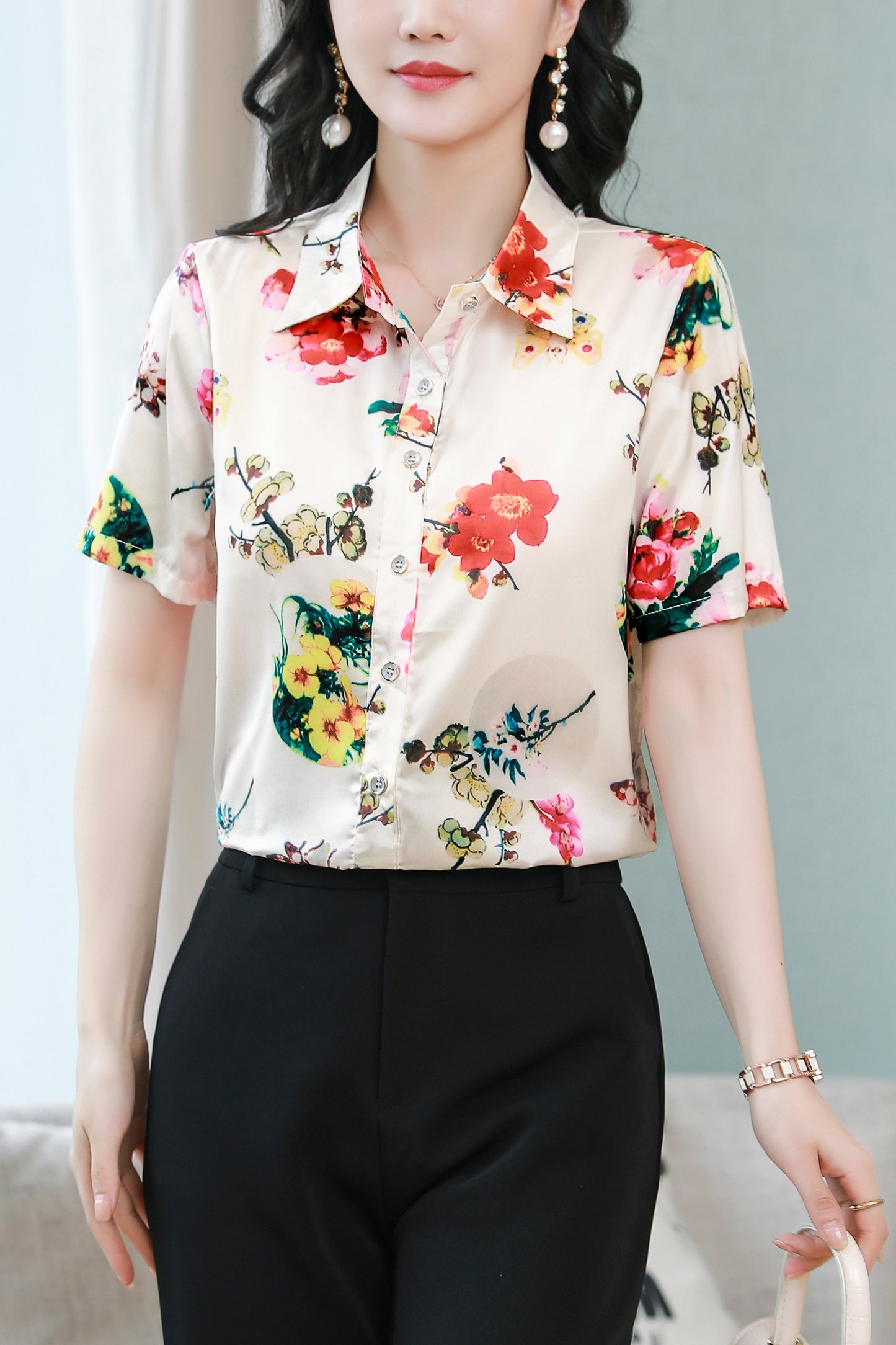Women's Stain Floral Print Blouse Short Sleeve Tops
