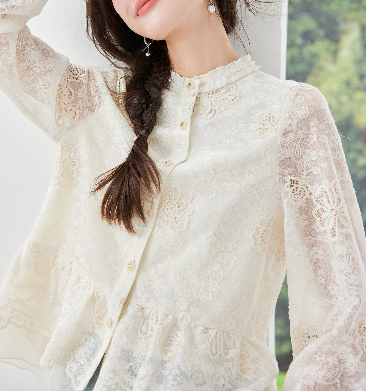 Ivory Lace Embroidered Button-Front Blouse