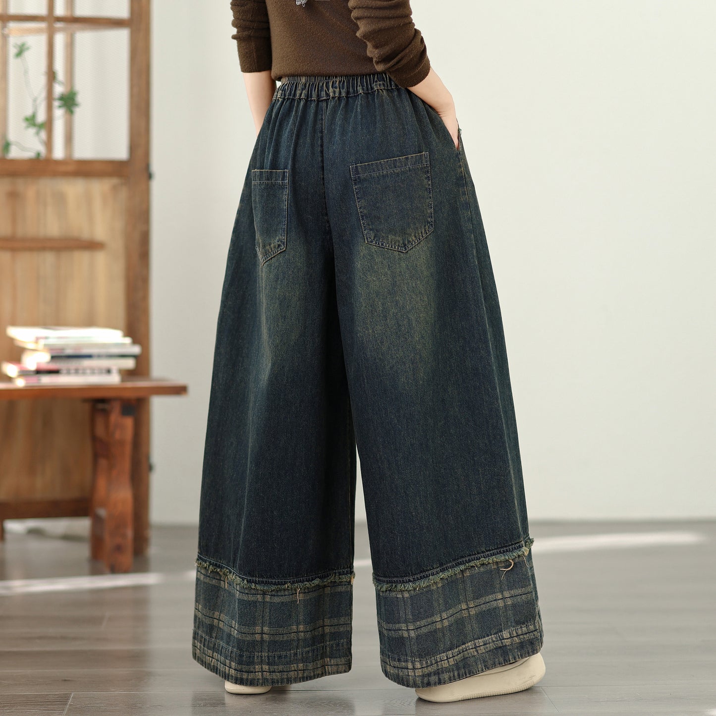 Women's Denim Wide Leg Baggy Jeans Drawstring Waist Pants - LAI MENG FIVE CATS