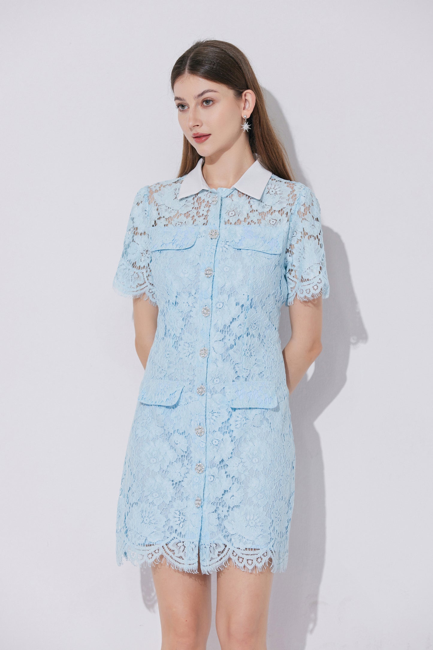Women's Lace Floral Contrast Collar Mini Dress
