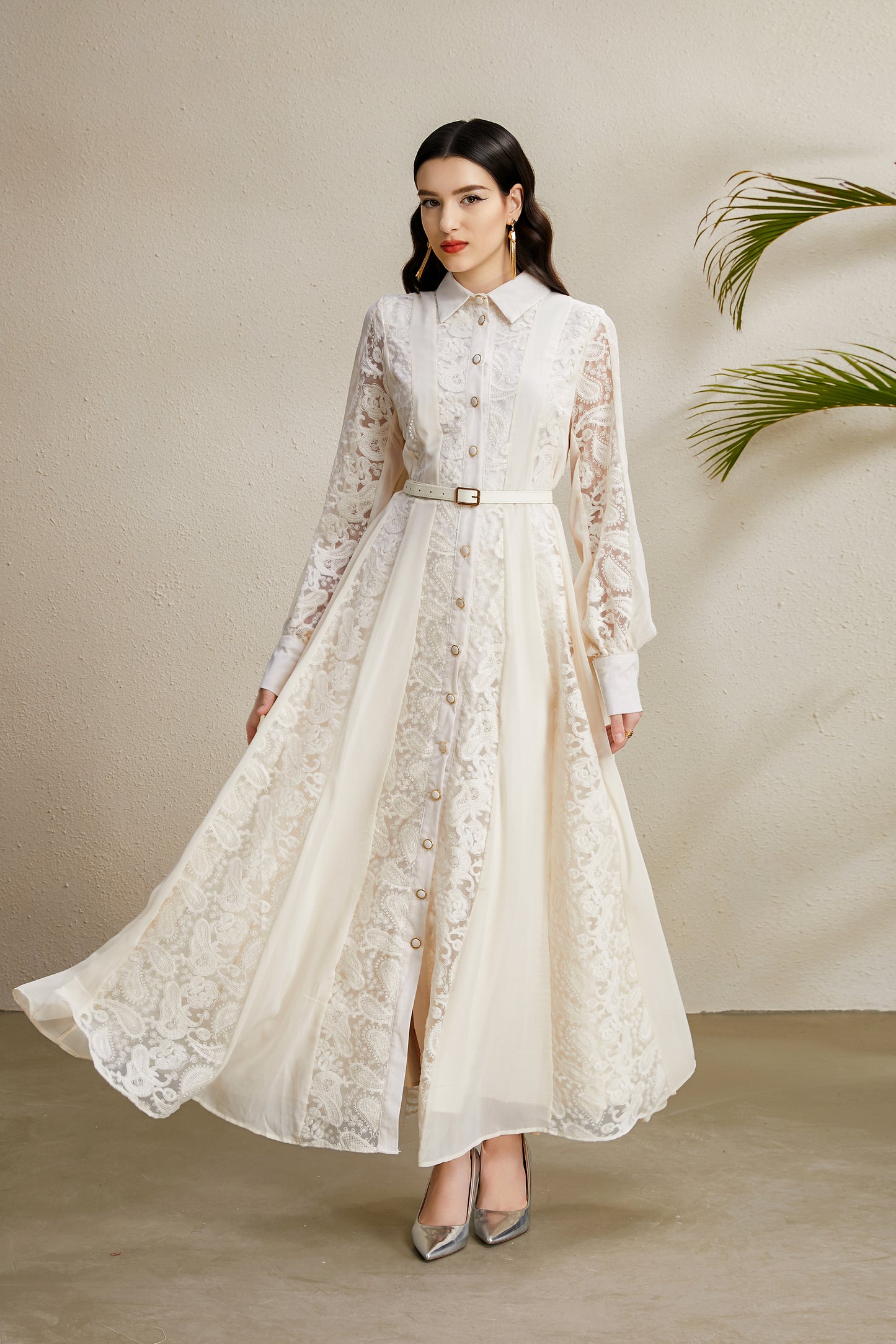 Women's Floral Print Lace Puff Sleeve Maxi Dress