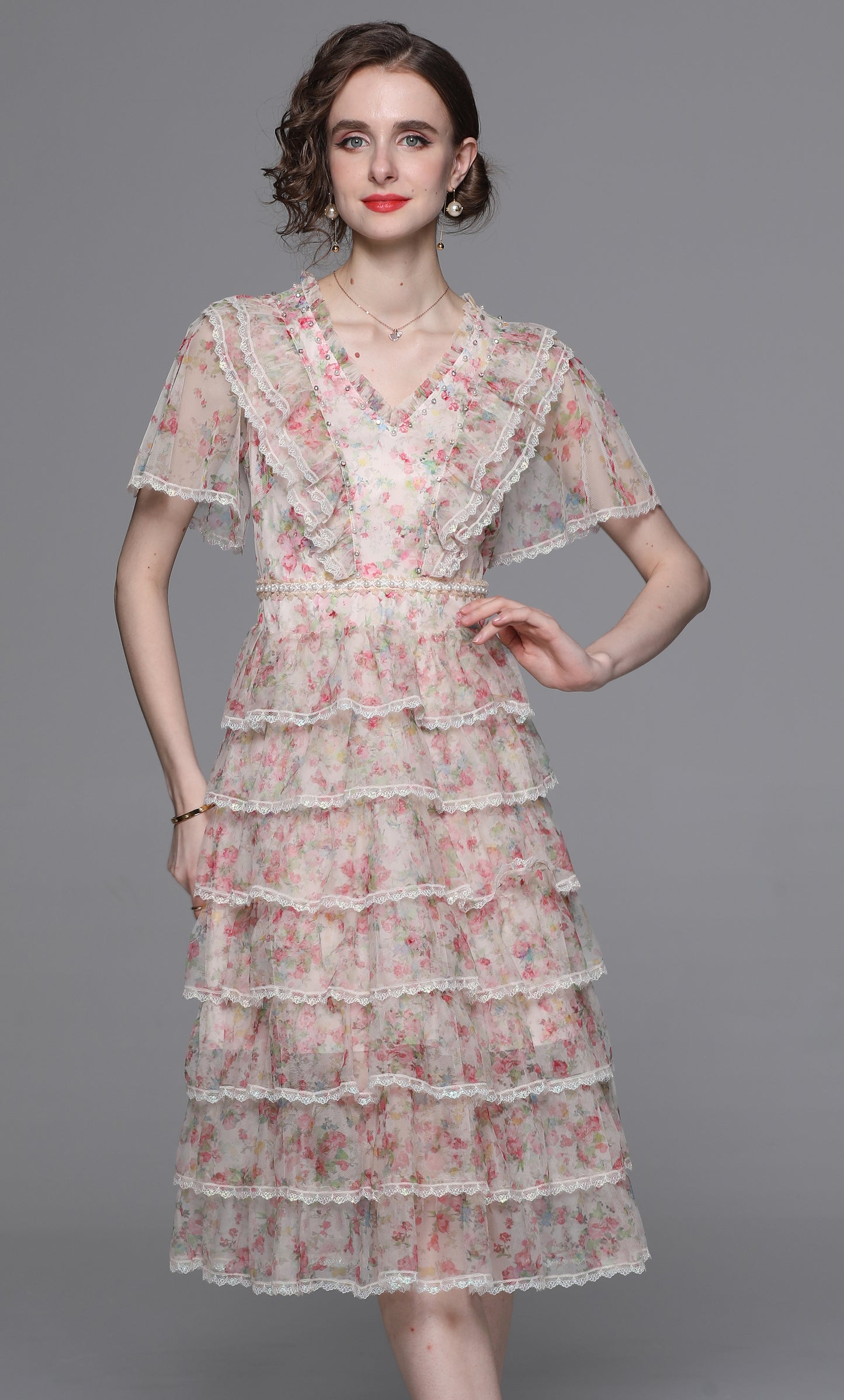 Romantic Floral Lace Trim Midi Dress - LAI MENG FIVE CATS