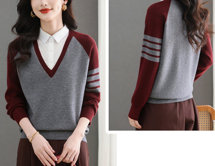 Women's V-Neck Pullover Top Striped Contrast Blouse