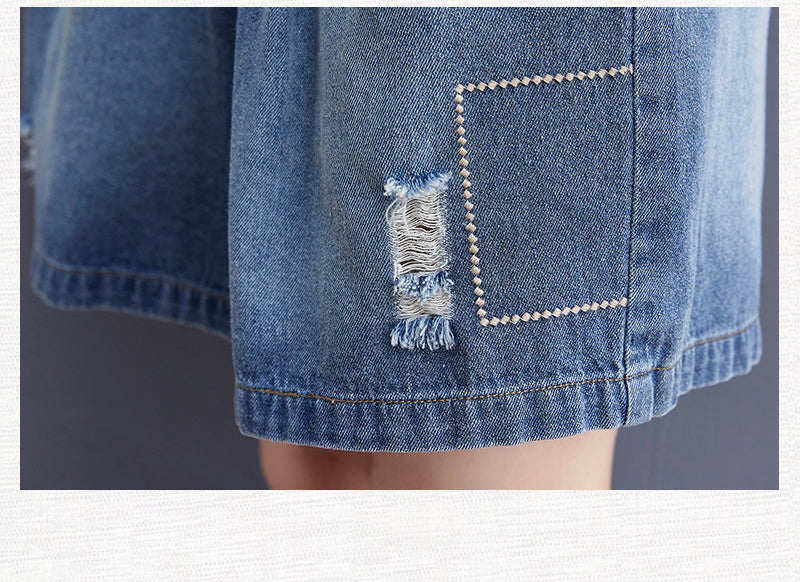 Women's Baggy Pull On Jeans Ripped Denim Shorts - LAI MENG FIVE CATS