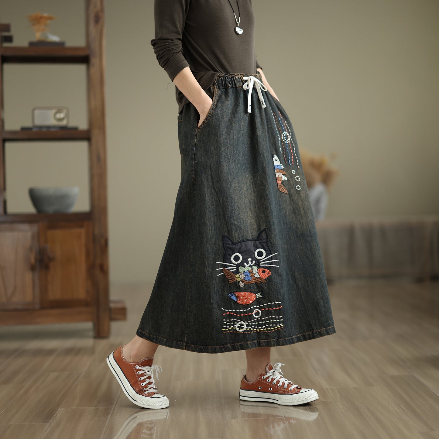 Women's Denim Drawstring Waist Pockets Jean Skirt - LAI MENG FIVE CATS