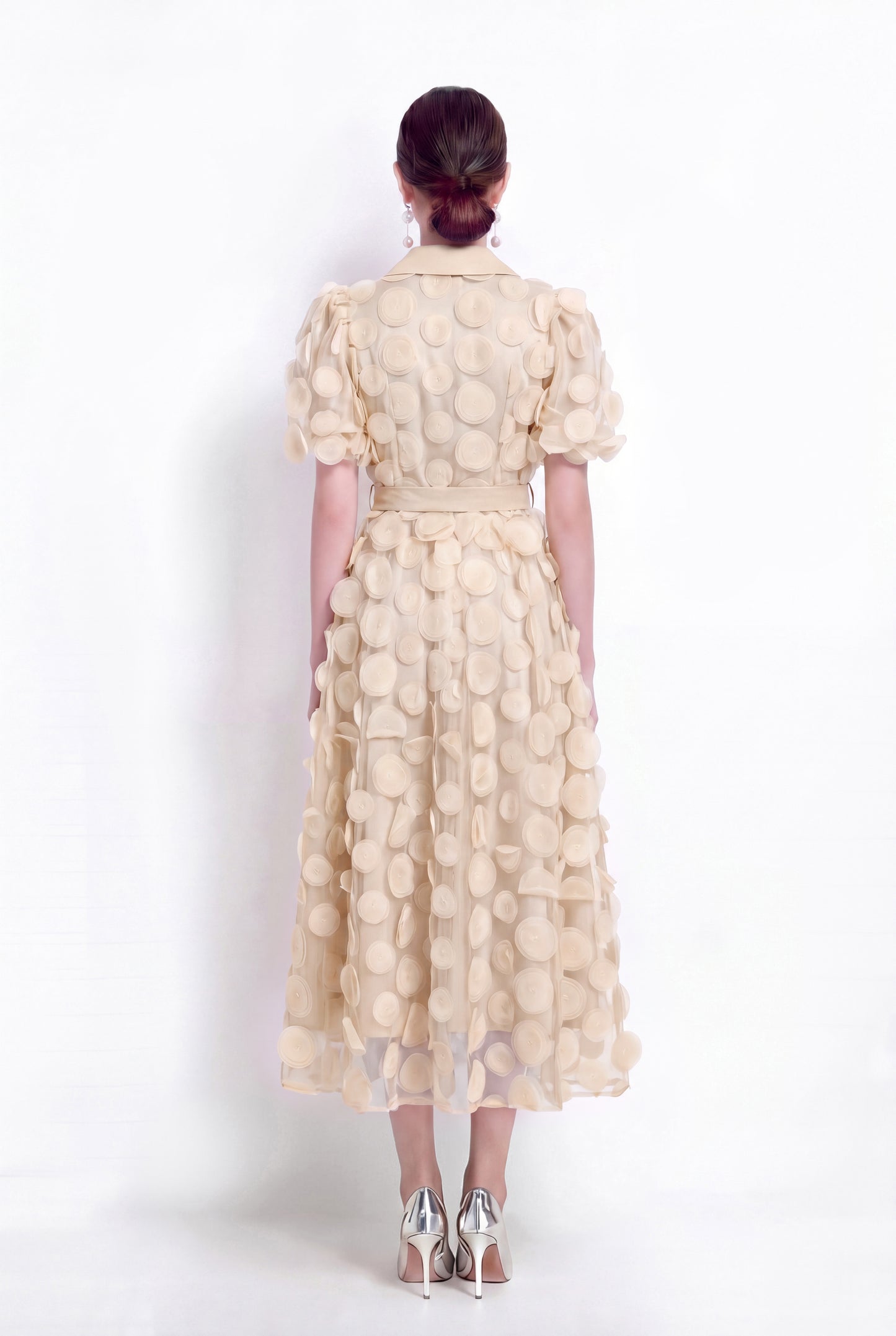 LAI MENG FIVE CATS Beige 3D Floral Midi Dress - LAI MENG FIVE CATS