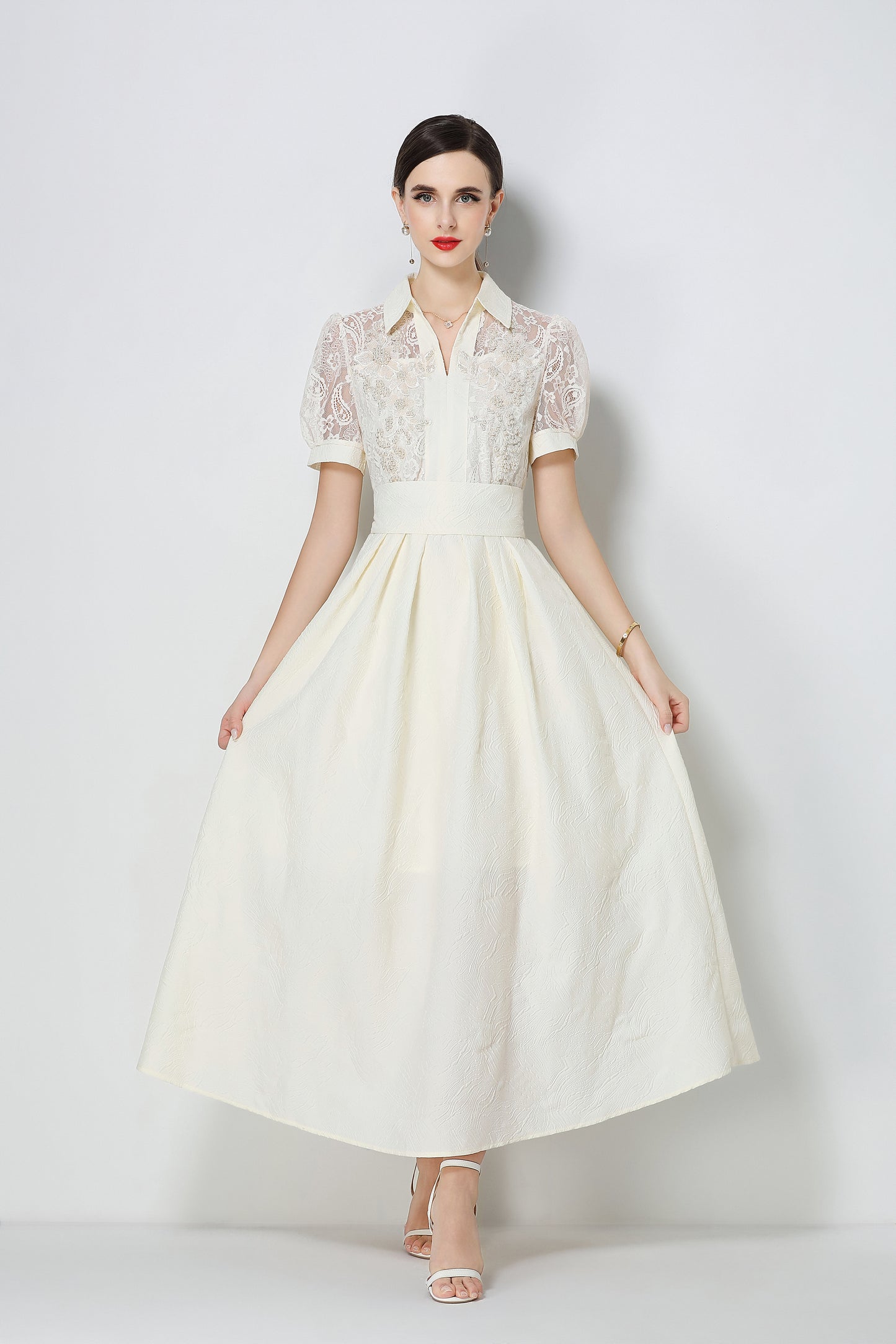 Elegant V-Neck Puff Sleeve Lace Jacquard Beige Maxi Dress