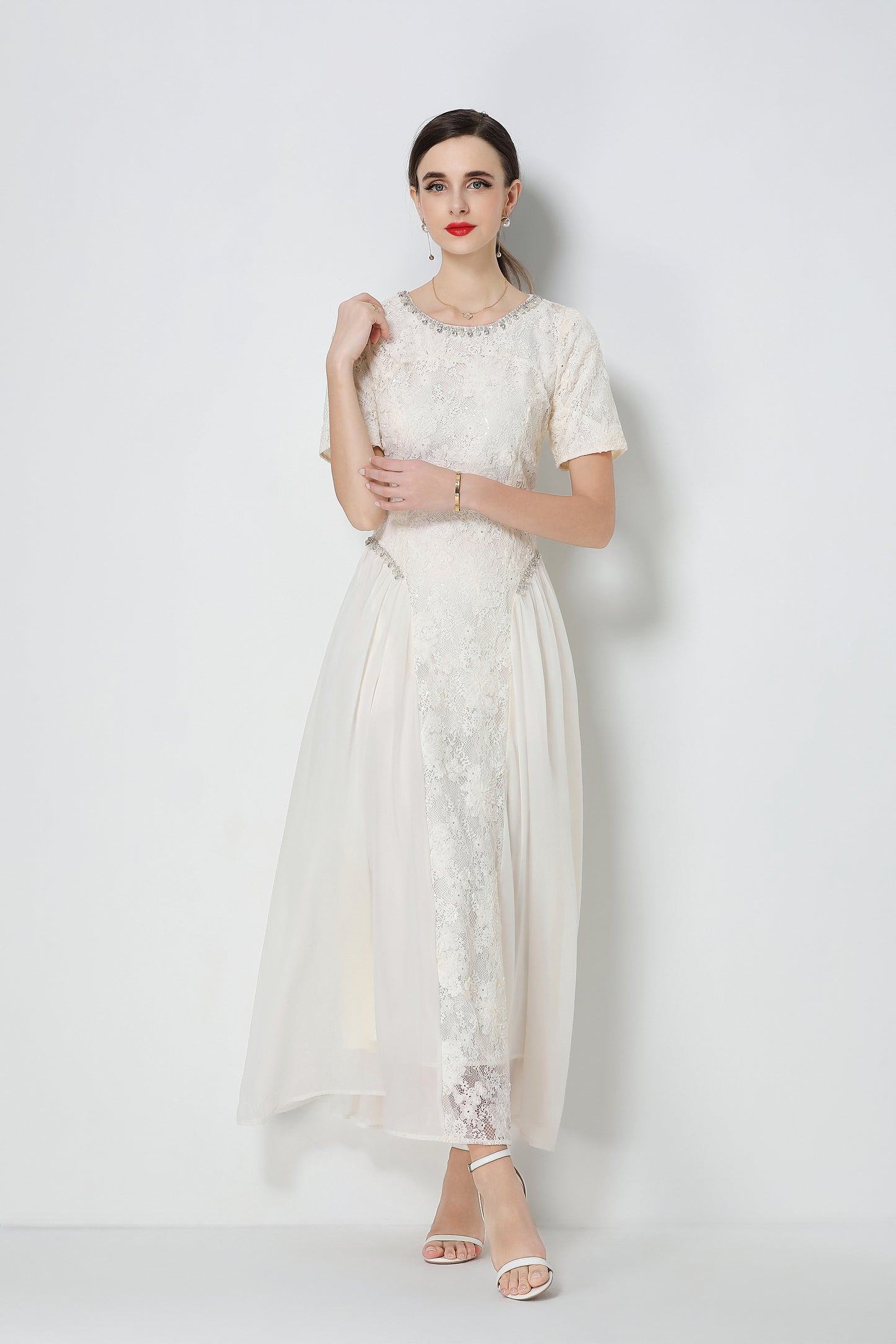 Effortlessly Short Sleeve Beading Lace & Chiffon Maxi Dress