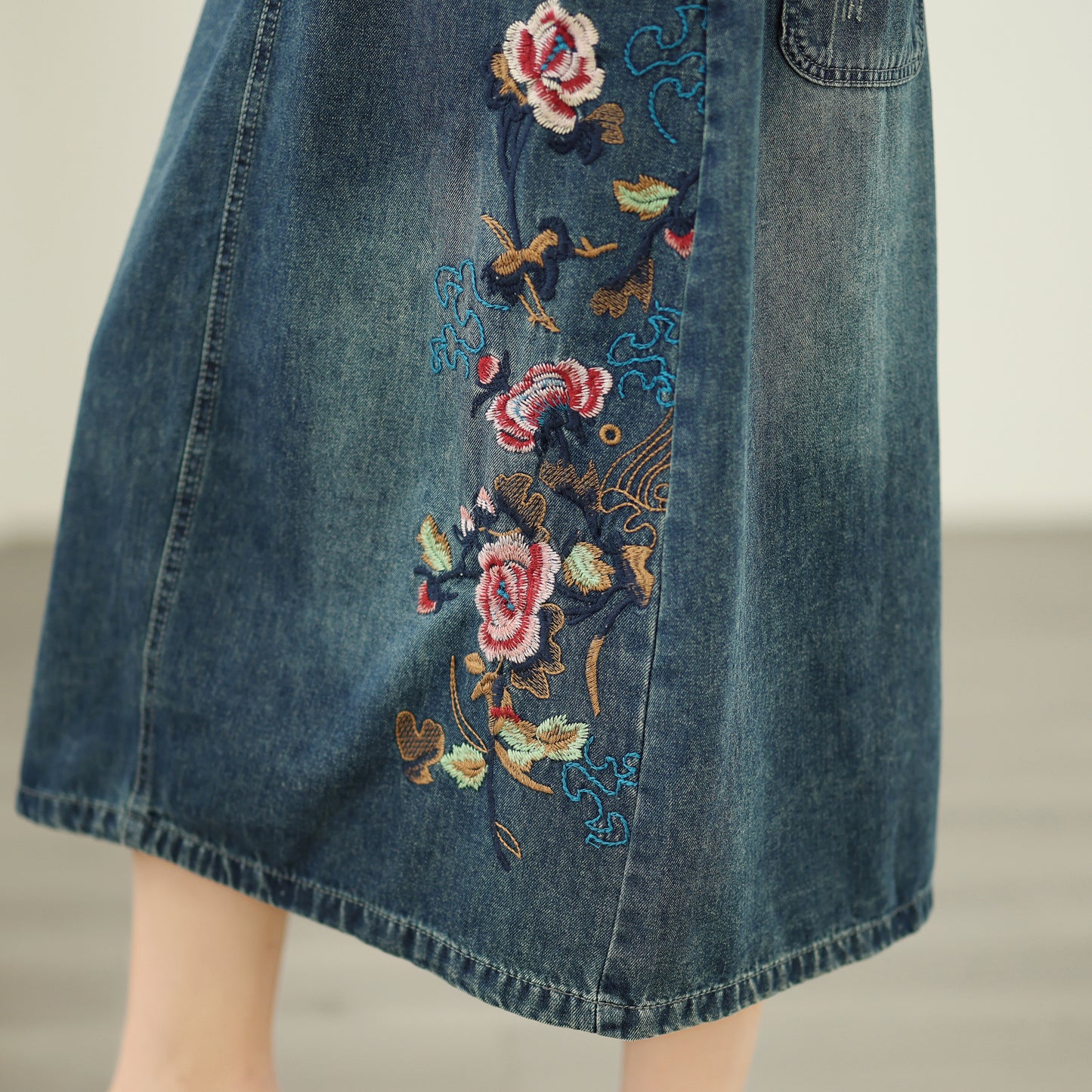 Women's Denim Drawstring Waist Pockets Jean Skirt - LAI MENG FIVE CATS