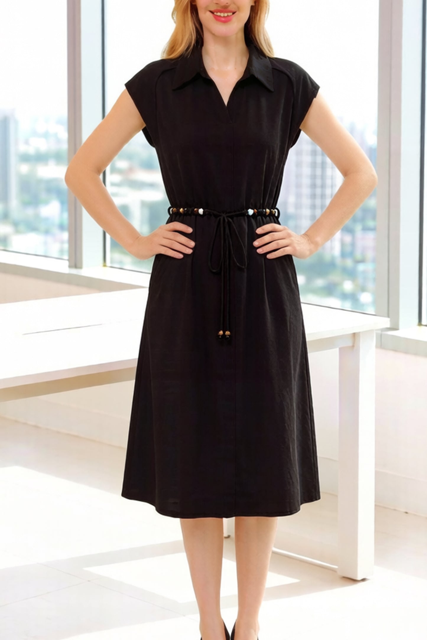 Women's V-Neck Cap Sleeve Pocket Midi Dress - LAI MENG FIVE CATS