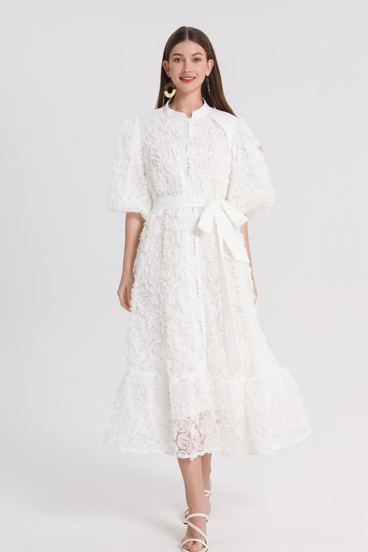 Women's 3D Floral Puff Sleeves Fishtail Hem Maxi Dress