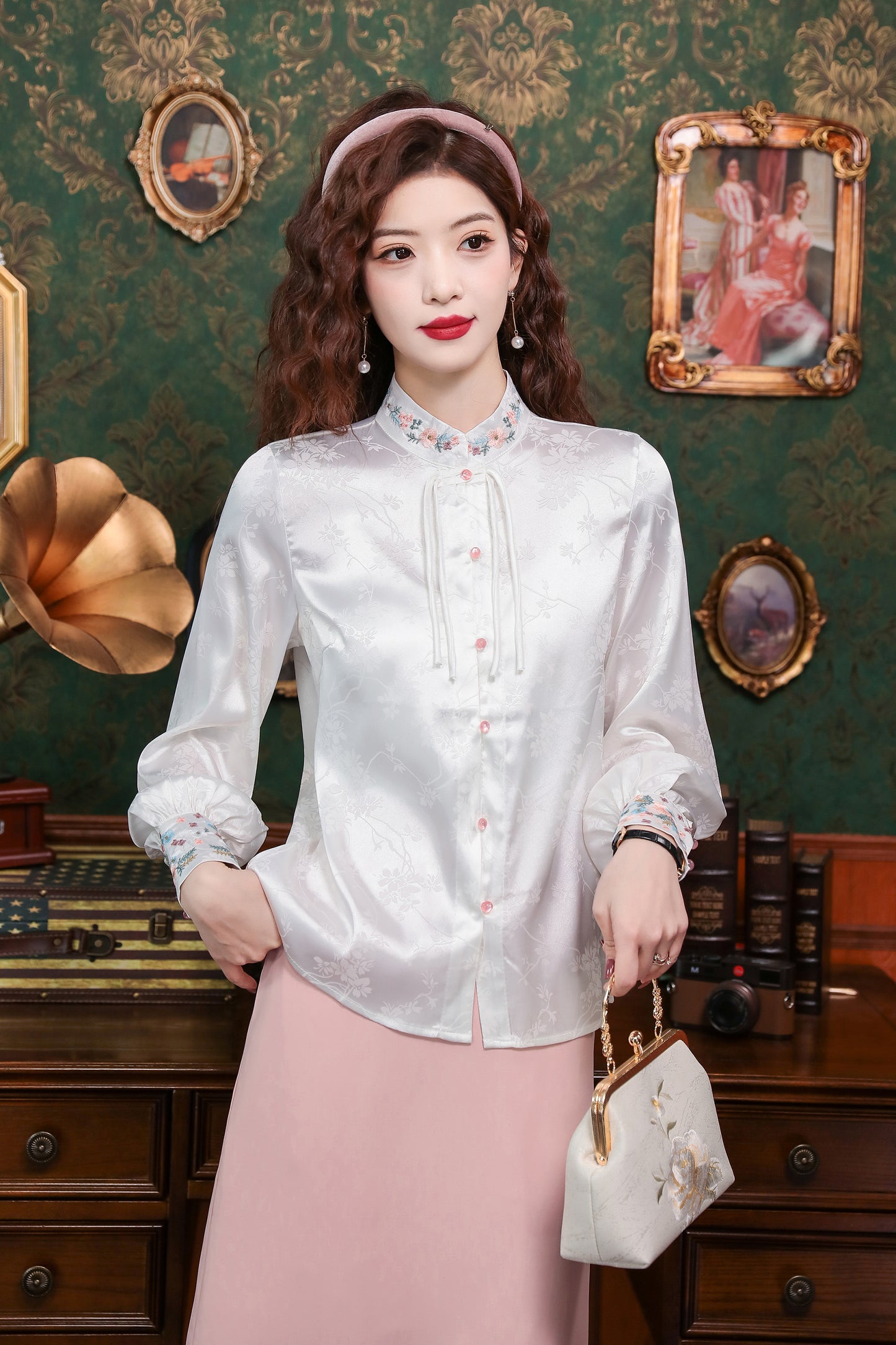 Women's Silk Satin Top Embroidered Jacquard Shirt