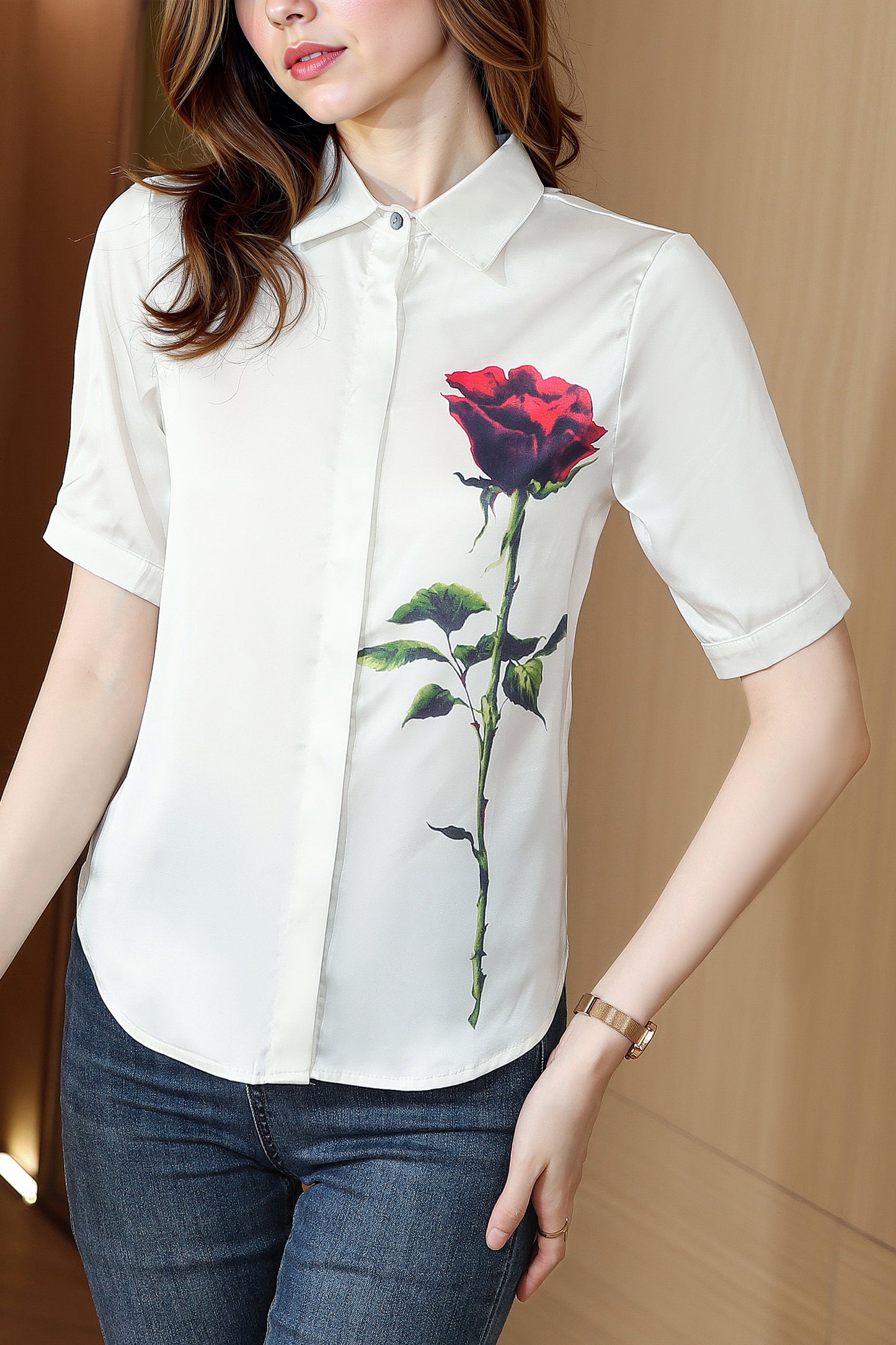 Women's Collared Floral Print Blouse Short Sleeve Tops